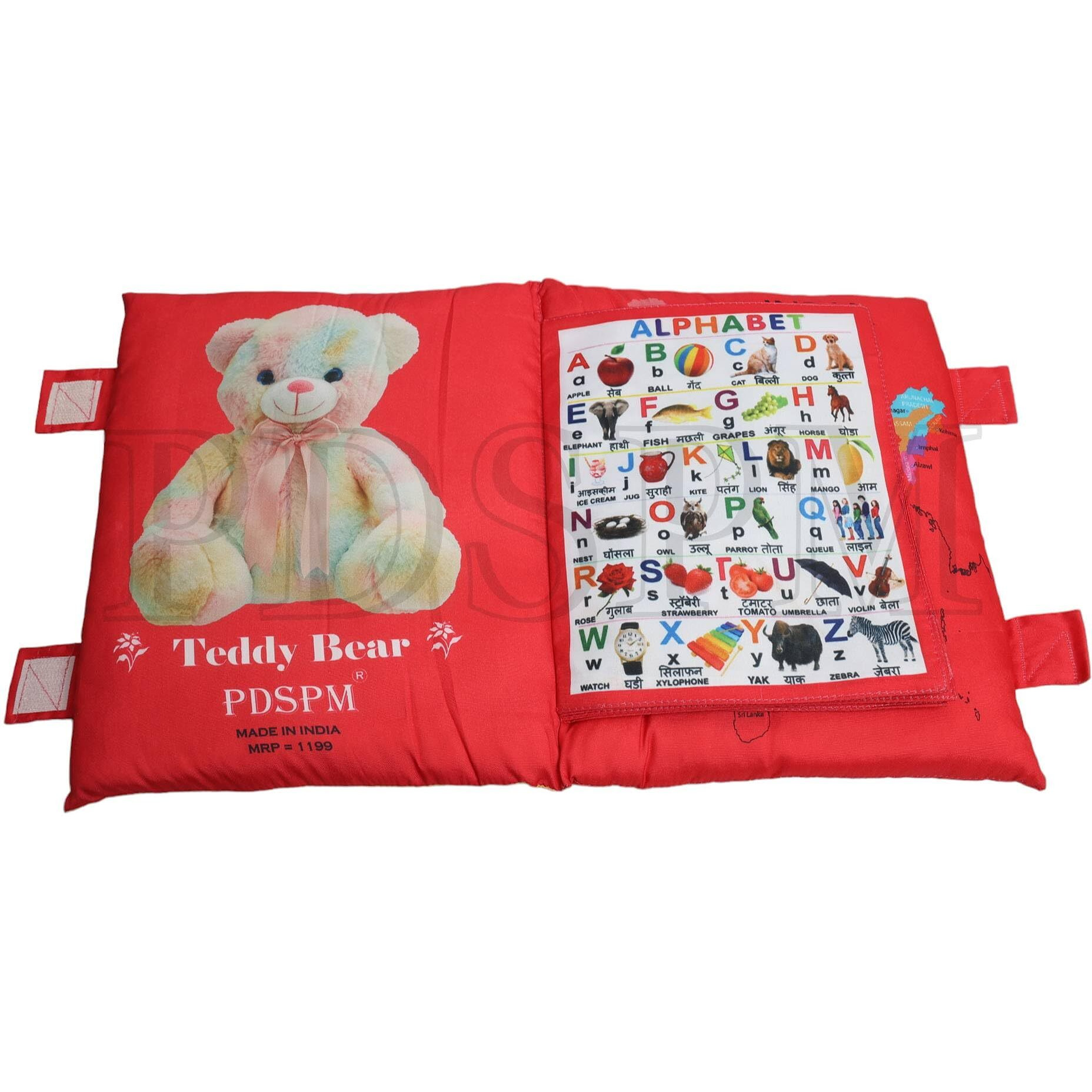 Pdspm Learning Cushion Pillow Book For Kids With 2 Languages Learn - English And Hindi, Soft Cloth Book Baby Activity Play, (Red)