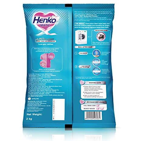 Henko Matic Front Load Detergent Powder 2Kg - Lintelligent Nano Fibre Lock Technology, Removes The Toughest Of Stains From Your Clothes, Locking Fibres & Color Intact