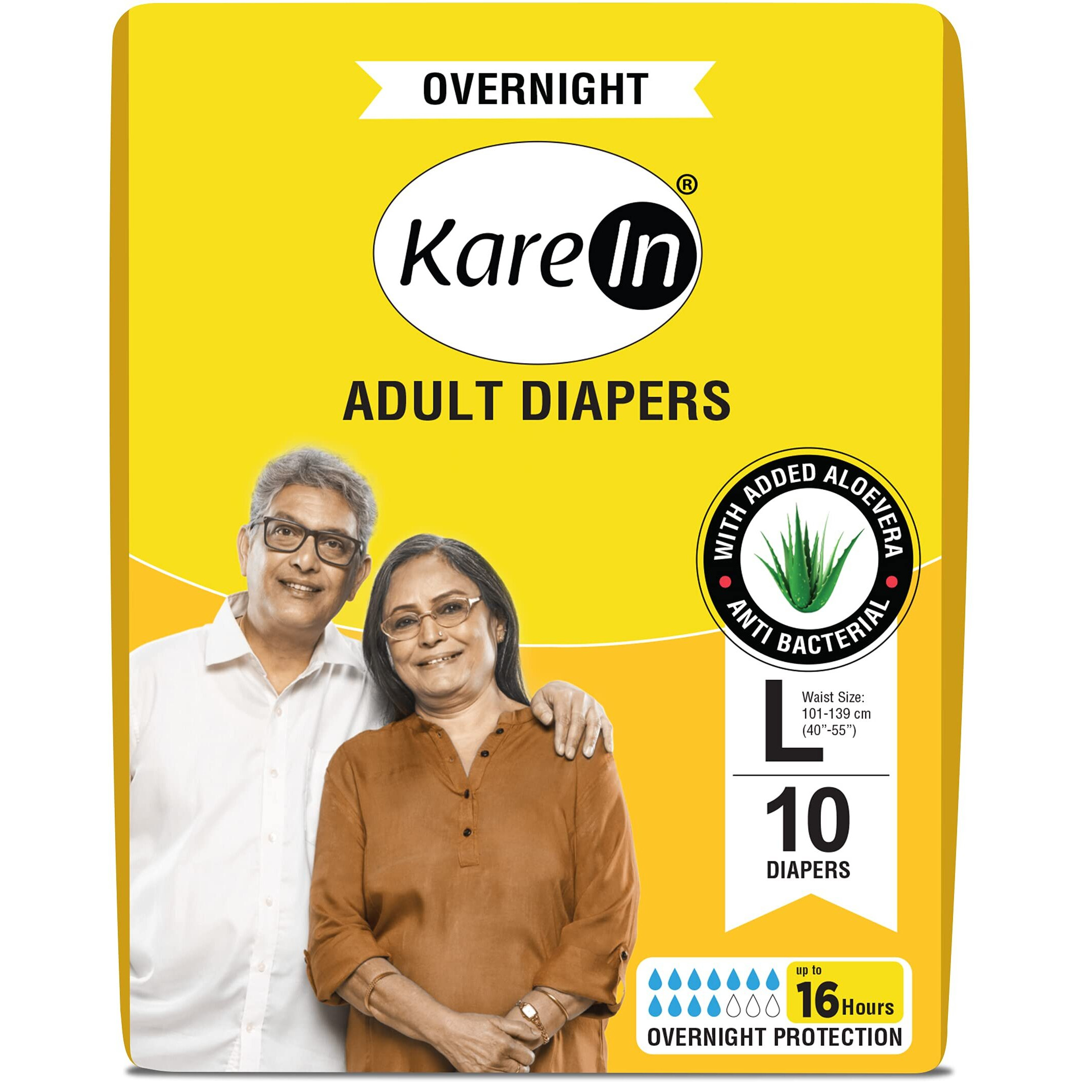 Karein Overnight Adult Diapers, Large, Waist Size 101-139 Cm (40"-55"), Tape Style, High Absorbency, Odour Free,With Aloe Vera Lotion, Anti-Bacterial, Adl, Leak Proof, Pack Of 1, 10 Count - Unisex