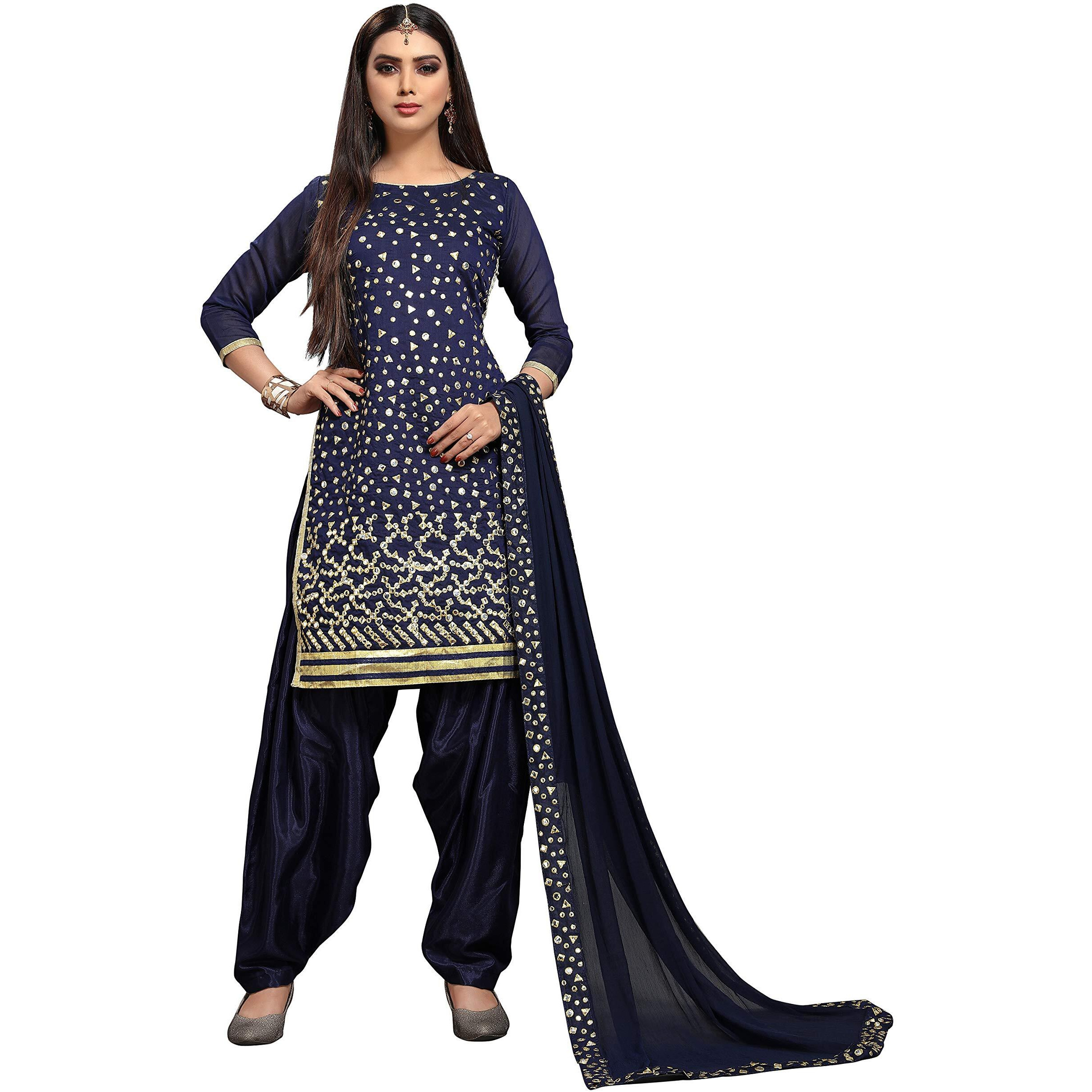 Ethnicjunction Women's Chanderi Cotton Mirror Work Unstitched Salwar Suit Material (Ej3017-Mirror - Navy_Navy Blue)