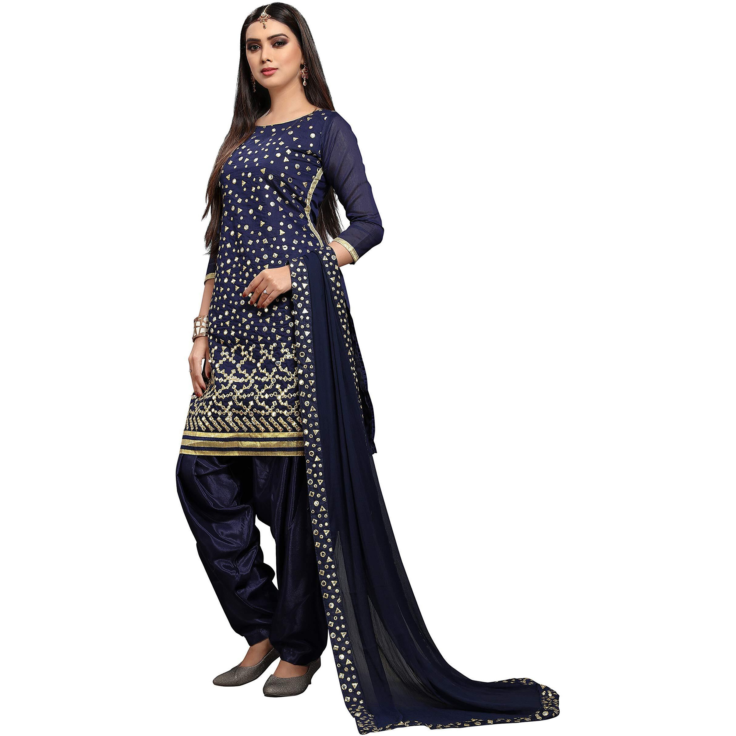 Ethnicjunction Women's Chanderi Cotton Mirror Work Unstitched Salwar Suit Material (Ej3017-Mirror - Navy_Navy Blue)