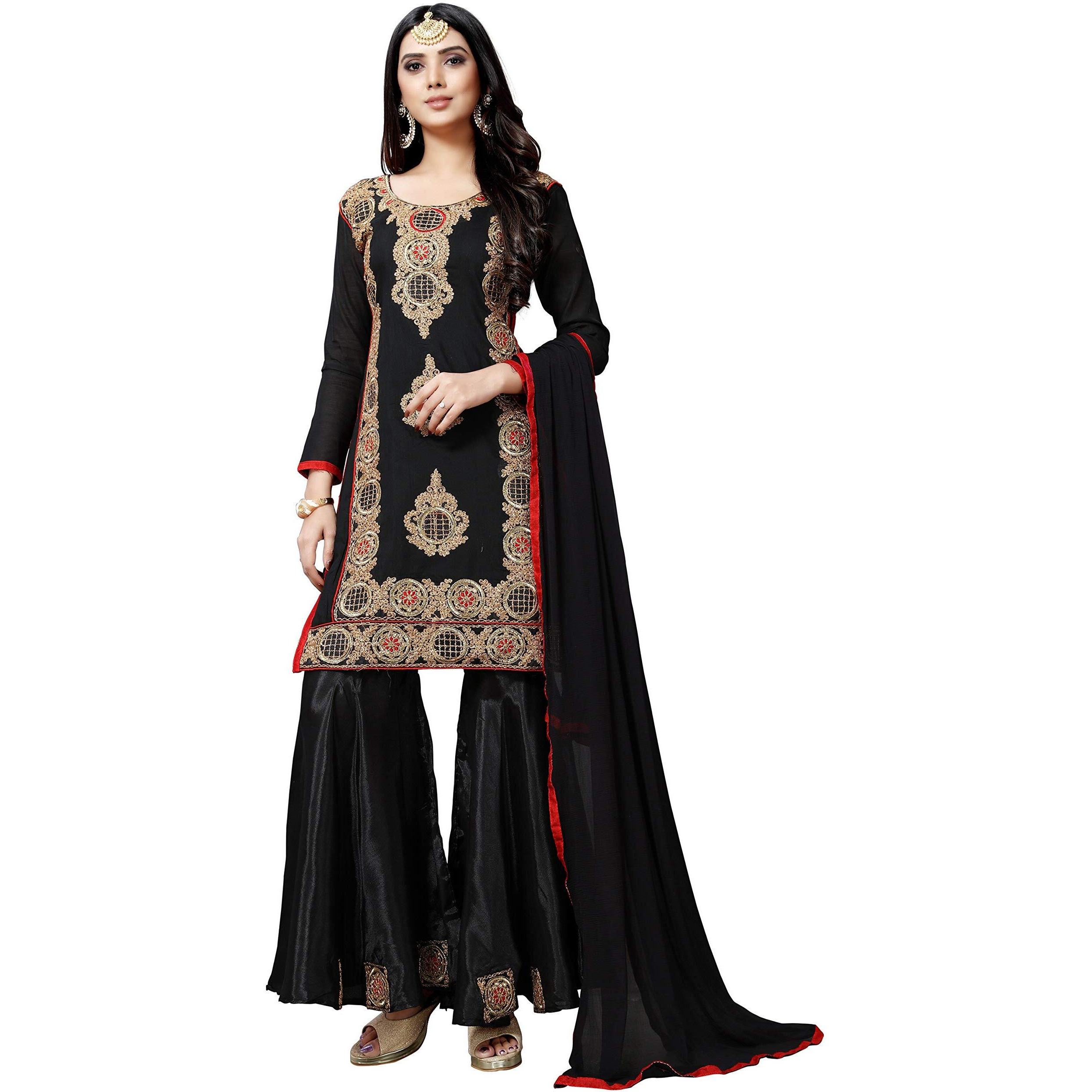 Ethnicjunction Women's Black Chanderi Cotton Embroiered Unstitched Sharara Suit