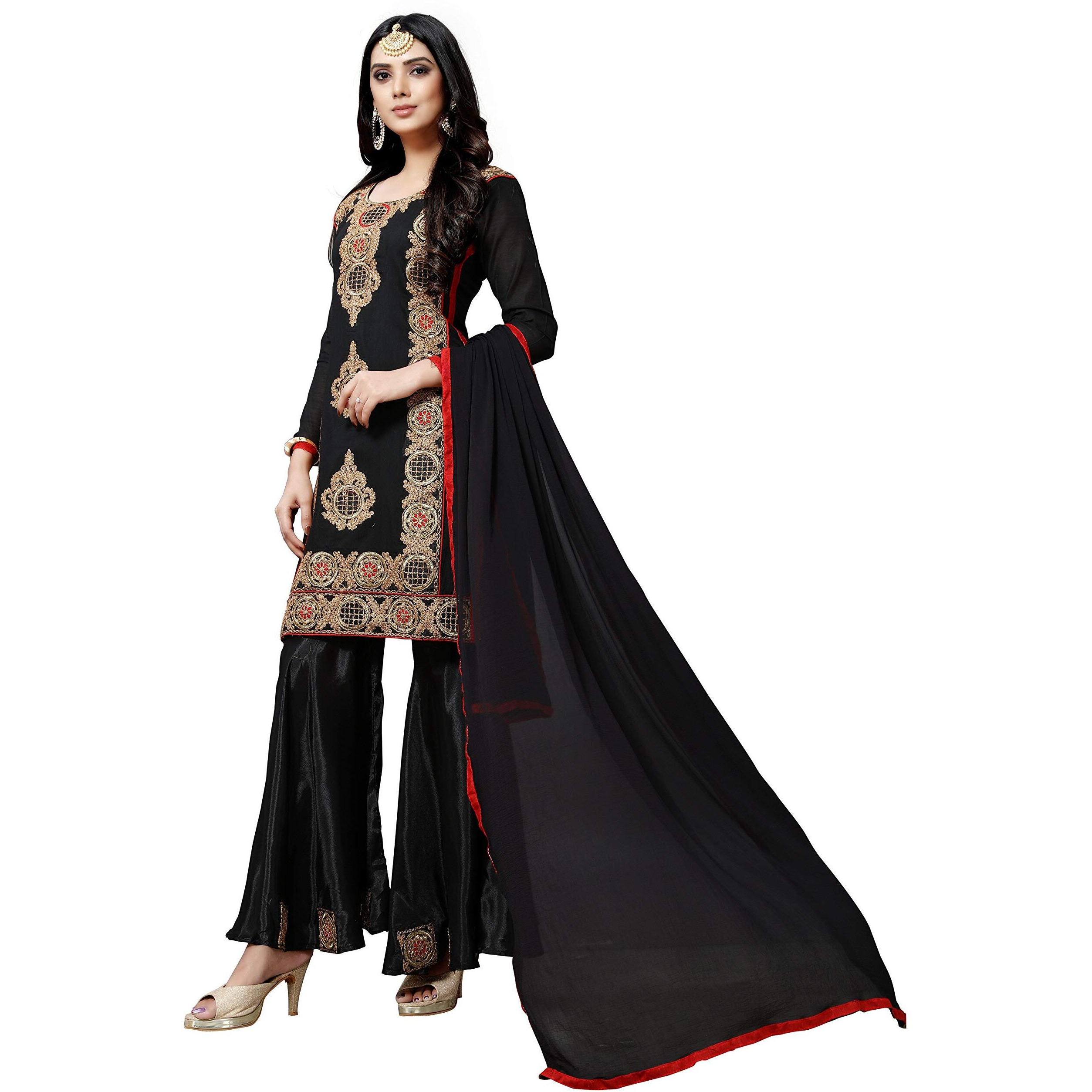 Ethnicjunction Women's Black Chanderi Cotton Embroiered Unstitched Sharara Suit