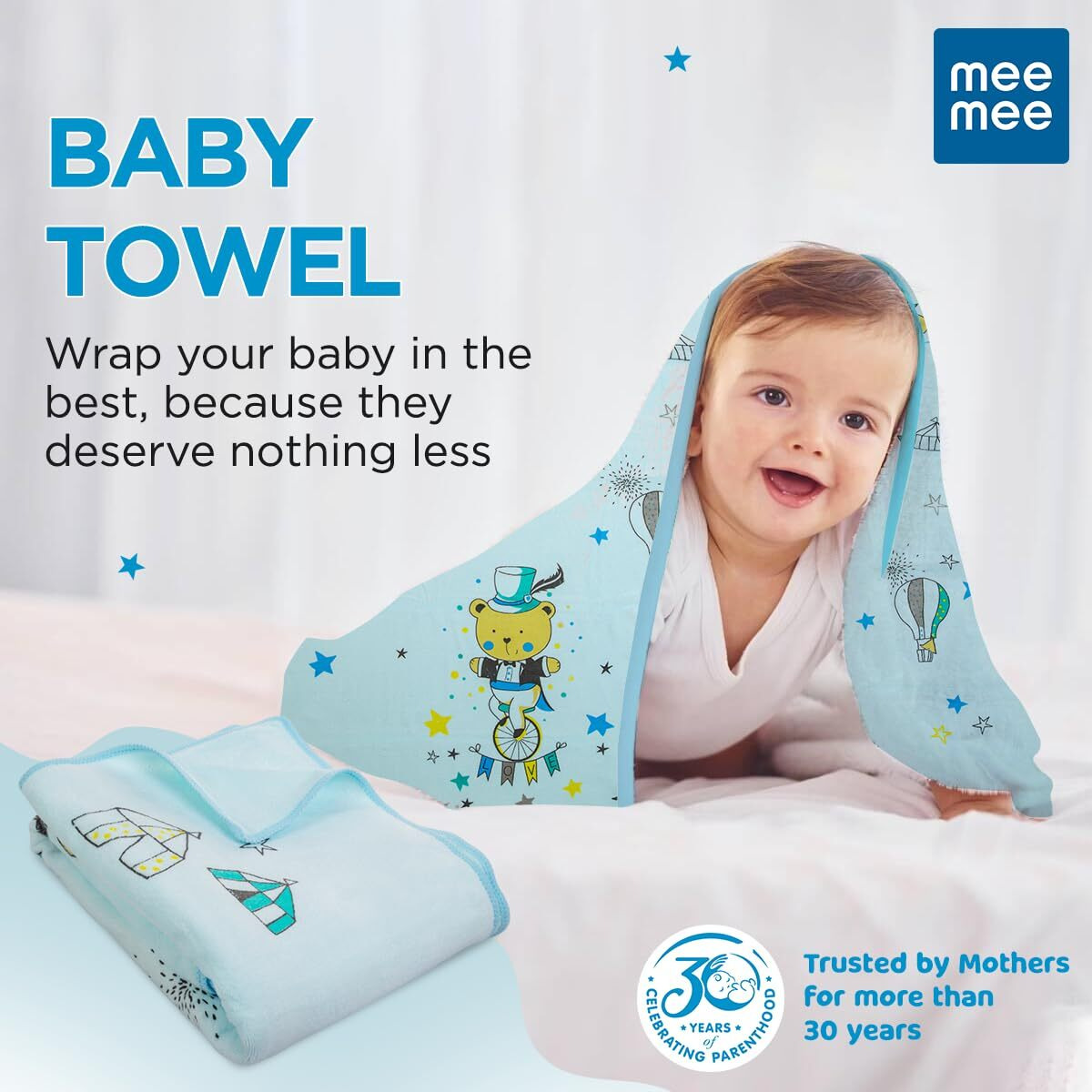 Mee Mee Micro Fiber Baby Bath Towel For New Born | Wash Cloth, Quick Absorbent, Extra Soft Cotton Towels For Kids/Toddlers/Infants/Babies, Pack Of 1(Blue) 70X110 Cm