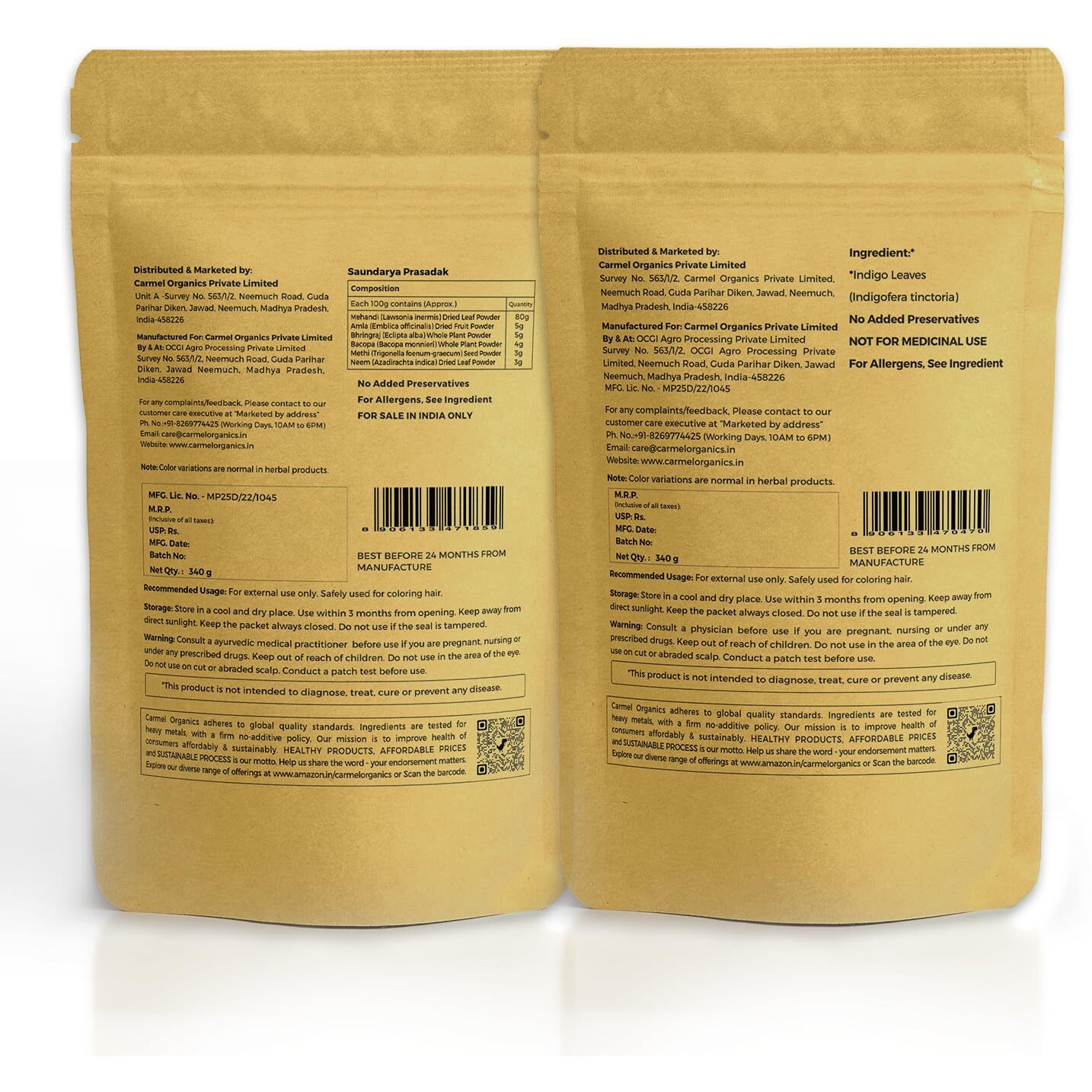 Carmel Organics Hair Color Henna & Indigo Leaves Powder Combo (340Gm Each) | No Added Preservative And Additives | Non-Gmo | Made By Pure And Natural Dried Leaves