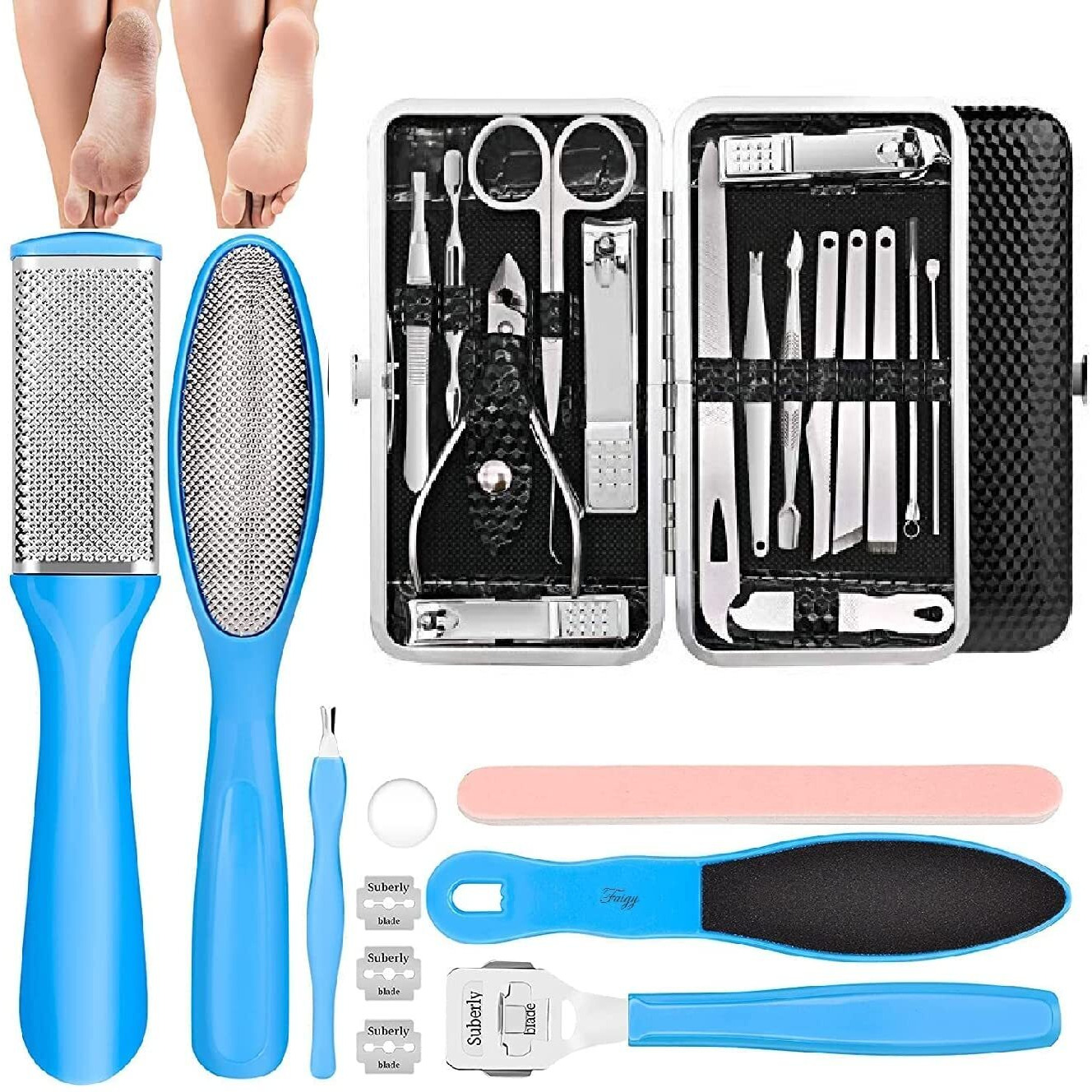 Urbanmac Pedicure Kits - Callus Remover For Feet, 23 In 1 Professional Manicure Set Pedicure Tools Stainless Steel Foot Care, Foot File Foot Rasp Dead Skin For Women Men Home Foot Spa Kit, Blue