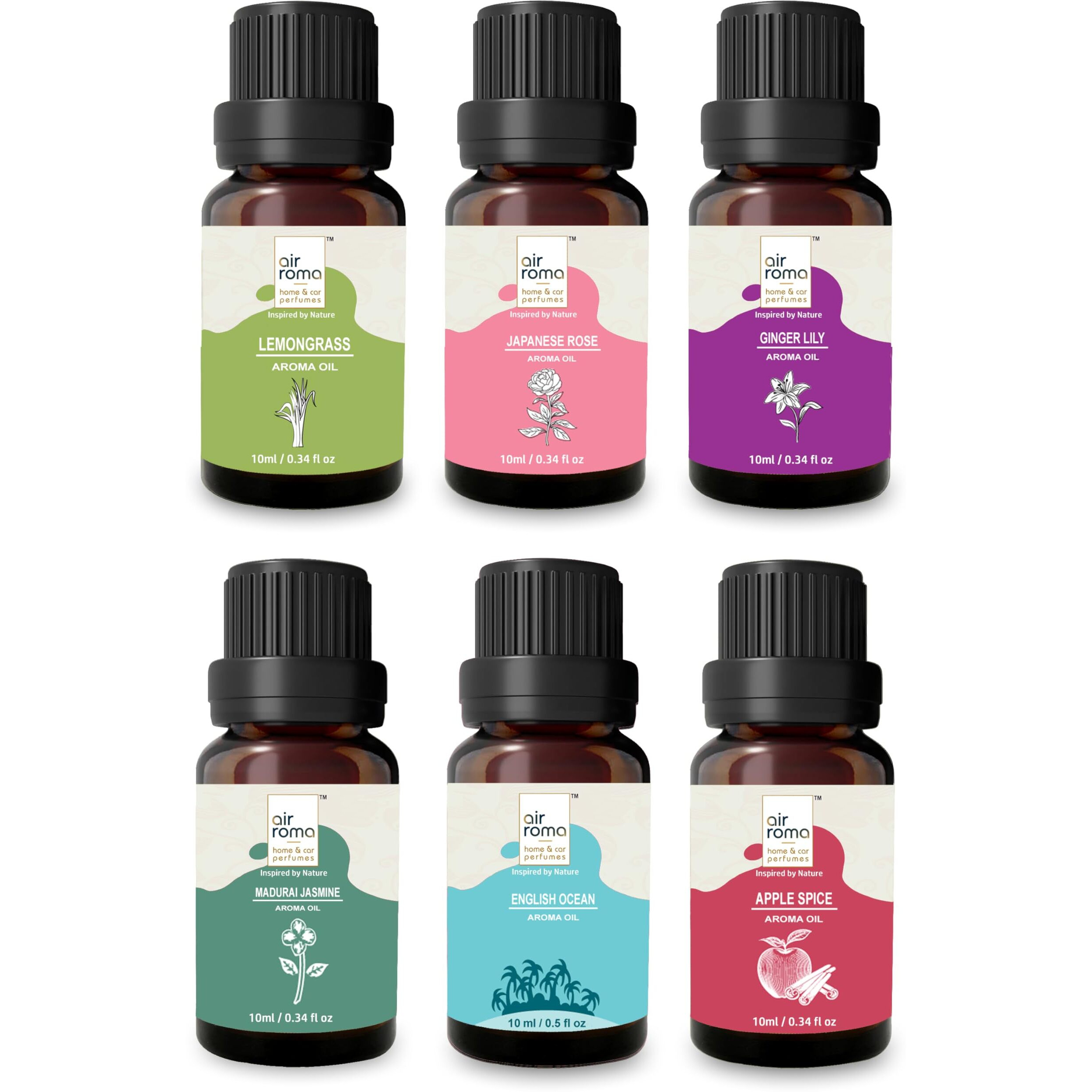 Air-Roma Aroma Diffuser Oil Combo Of 6 (Lemon Grass, Japanese Rose, Madurai Jasmine, Apple Spice, English Ocean And Ginger Lily) 60Ml For Home, Candle, Office