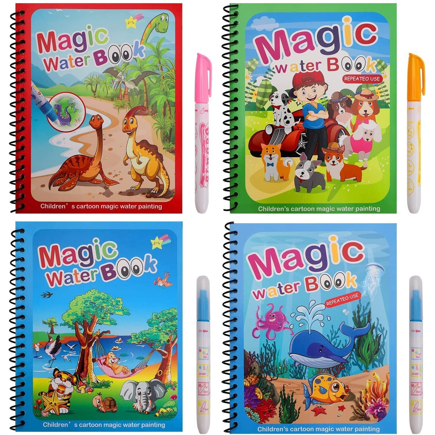 Nvd Reusable Magic Water Quick Dry Book For Water Coloring With Magic Pen Painting Board For Children Education Drawing Pad (Random Design & Assorted Color) (Multi Color, 4)