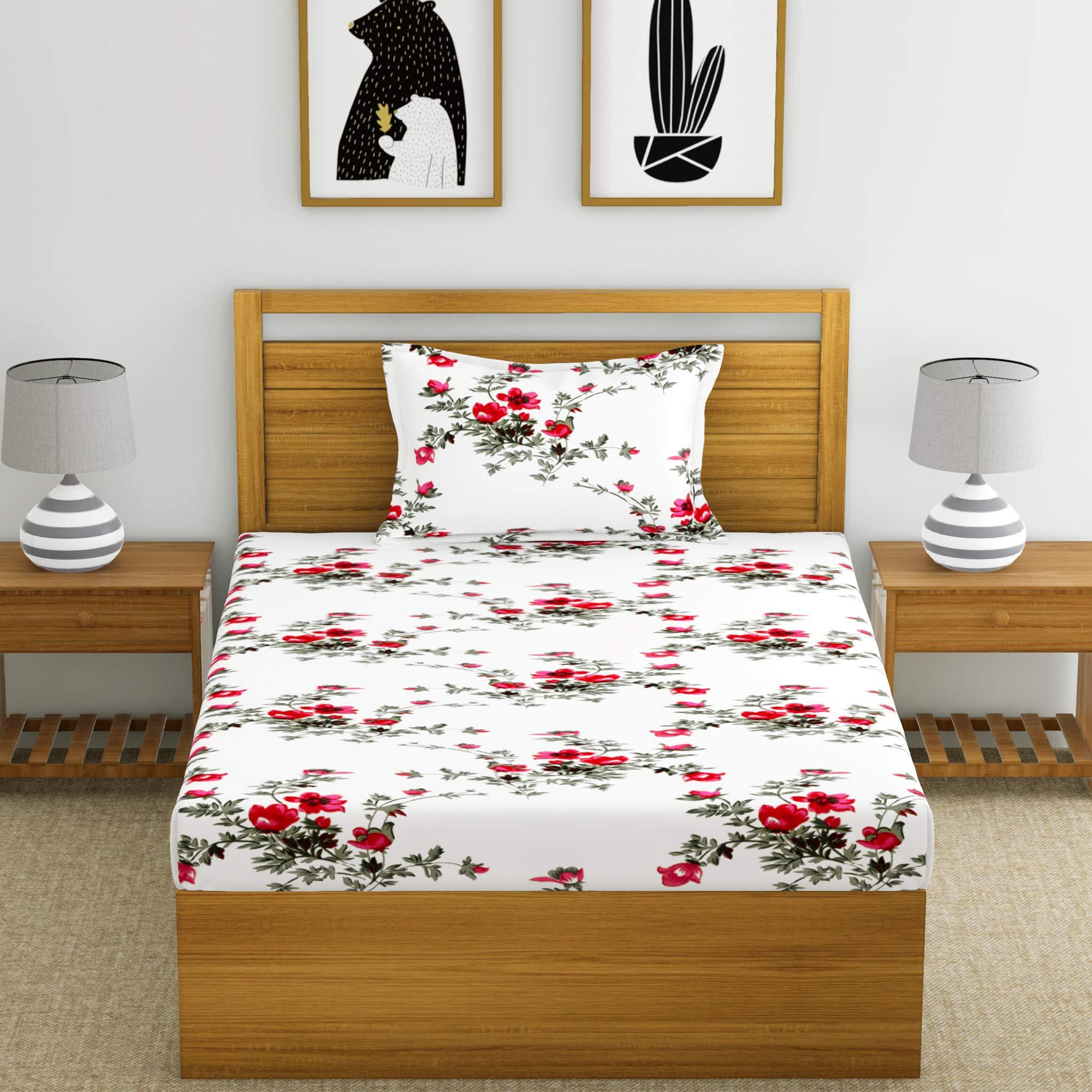 Huesland By Ahmedabad Cotton 144 Tc Cotton Single Bedsheet With 1 Pillow Cover - White, Pink