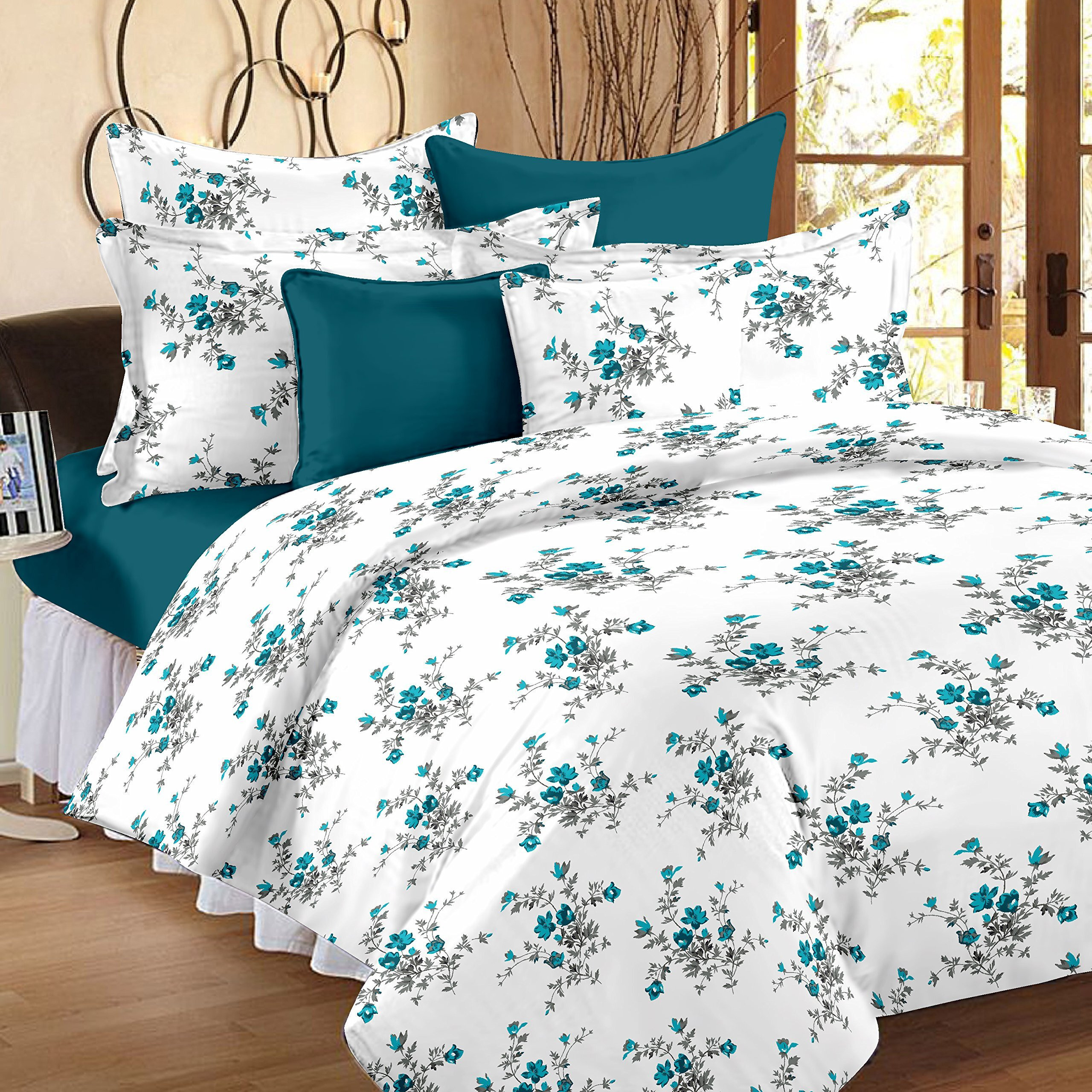 Huesland By Ahmedabad Cotton 144 Tc Cotton Single Bedsheet With 1 Pillow Cover - White, Blue