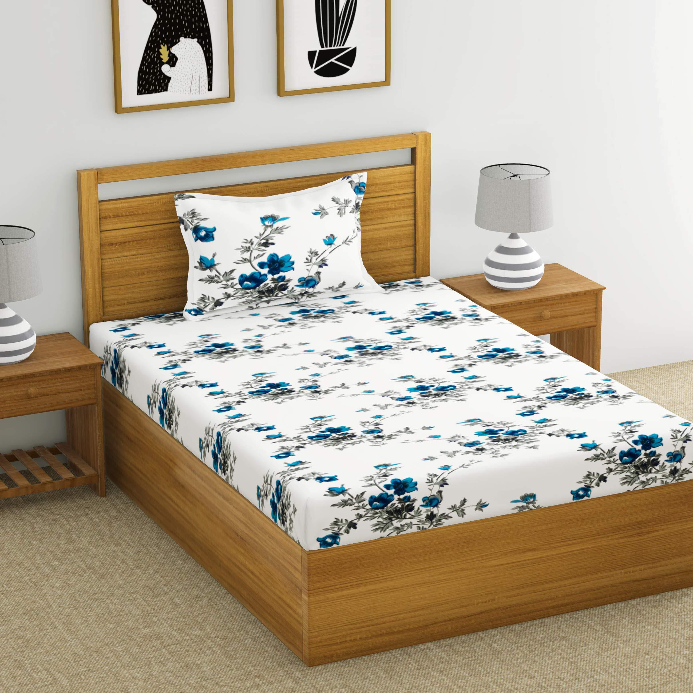 Huesland By Ahmedabad Cotton 144 Tc Cotton Single Bedsheet With 1 Pillow Cover - White, Blue
