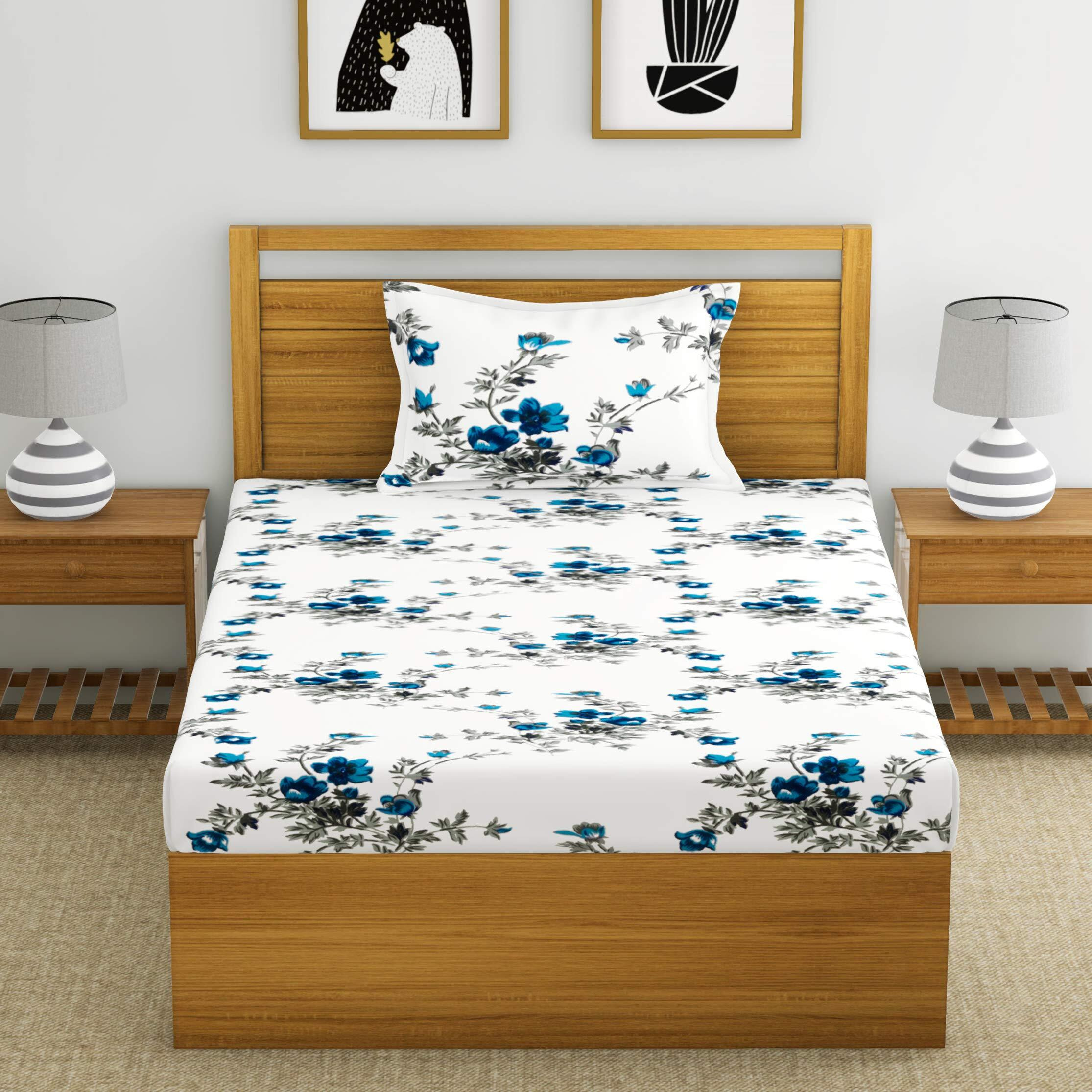 Huesland By Ahmedabad Cotton 144 Tc Cotton Single Bedsheet With 1 Pillow Cover - White, Blue