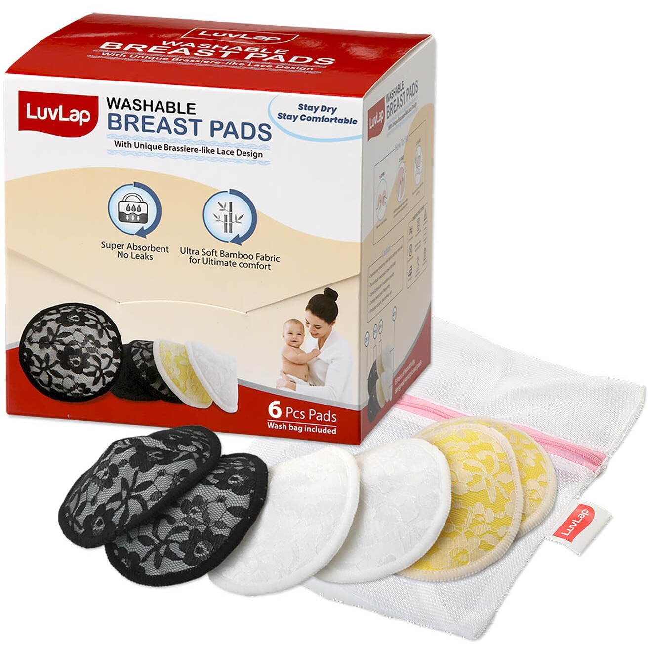 Luvlap Natural Bamboo Washable Nursing Breast Pads For Breast Feeding Mothers, Beautiful Lace Style, Contoured Shape For Snug Fit, Nipple Pad, Includes Laundry Bag, Super Absorption, 6Pc