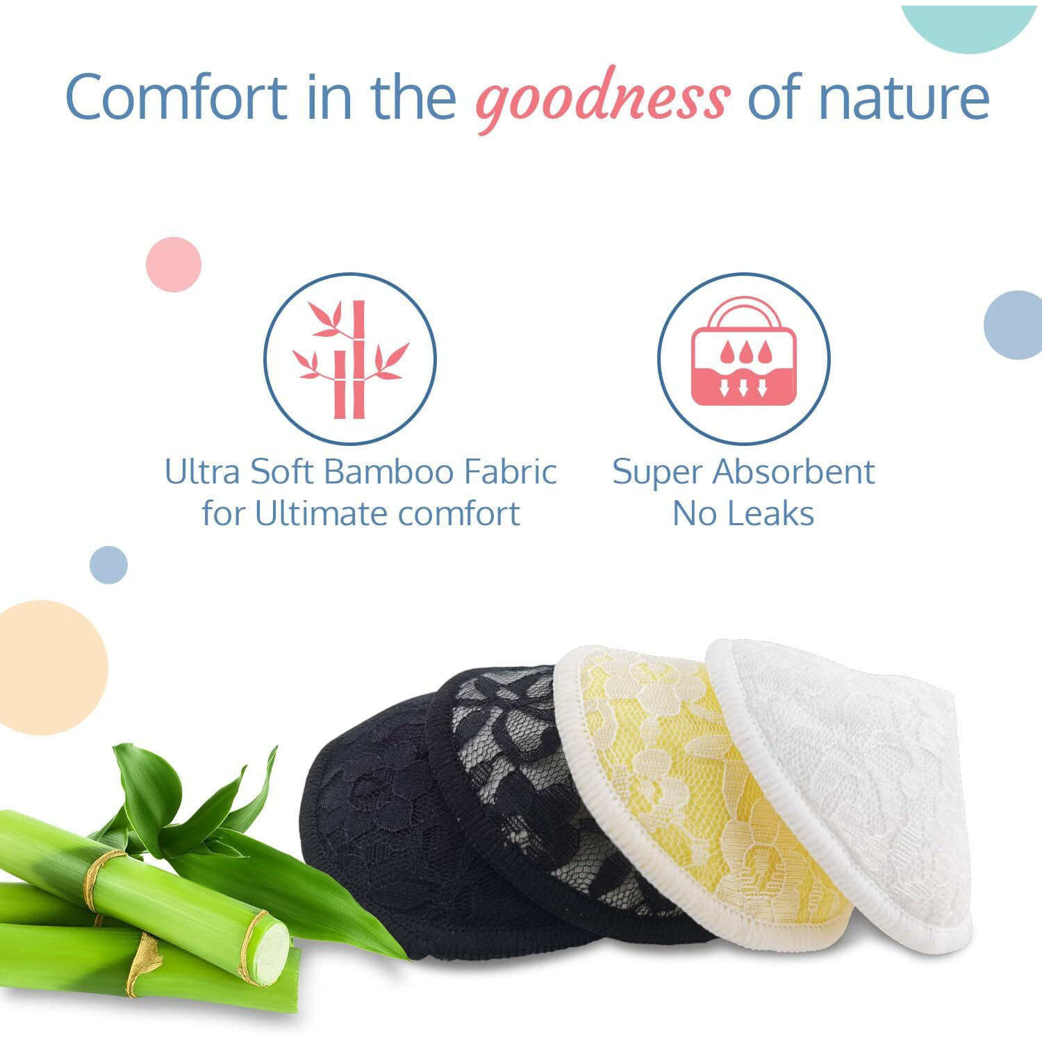 Luvlap Natural Bamboo Washable Nursing Breast Pads For Breast Feeding Mothers, Beautiful Lace Style, Contoured Shape For Snug Fit, Nipple Pad, Includes Laundry Bag, Super Absorption, 6Pc