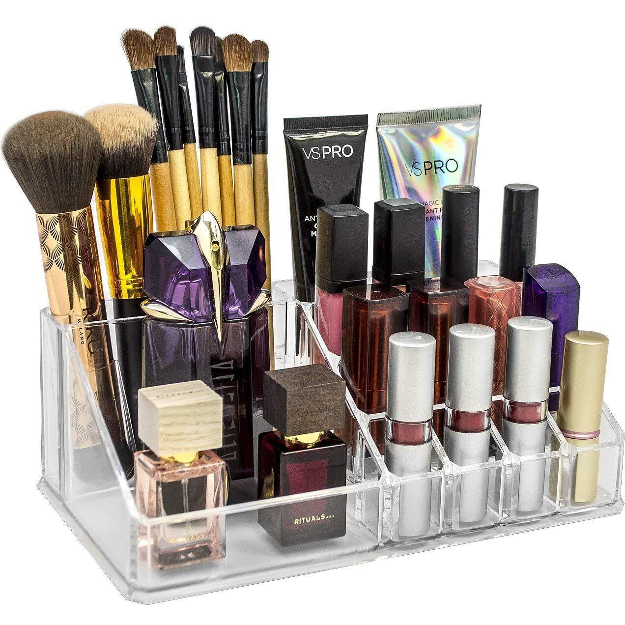 Inovera (Label) Plastic 16 Compartment Cosmetic Display Cases Makeup Lipstick Storage Organizer Holder Box, 22L X 12 2W X 7 5H (Transparent - Pack Of 2)
