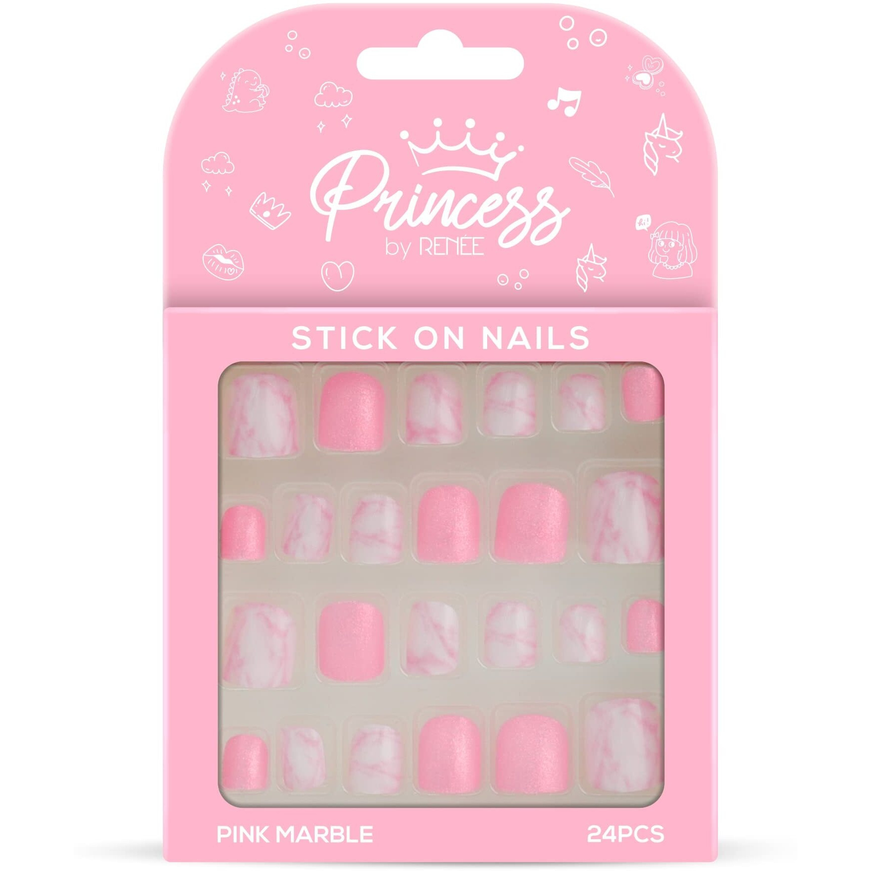 Princess By Renee Stick On Nails Pink Marble | 24 Reusable Artificial Nail Set | Lightweight, Long Lasting, Easy To Use | Quick Fix For Special Occasions
