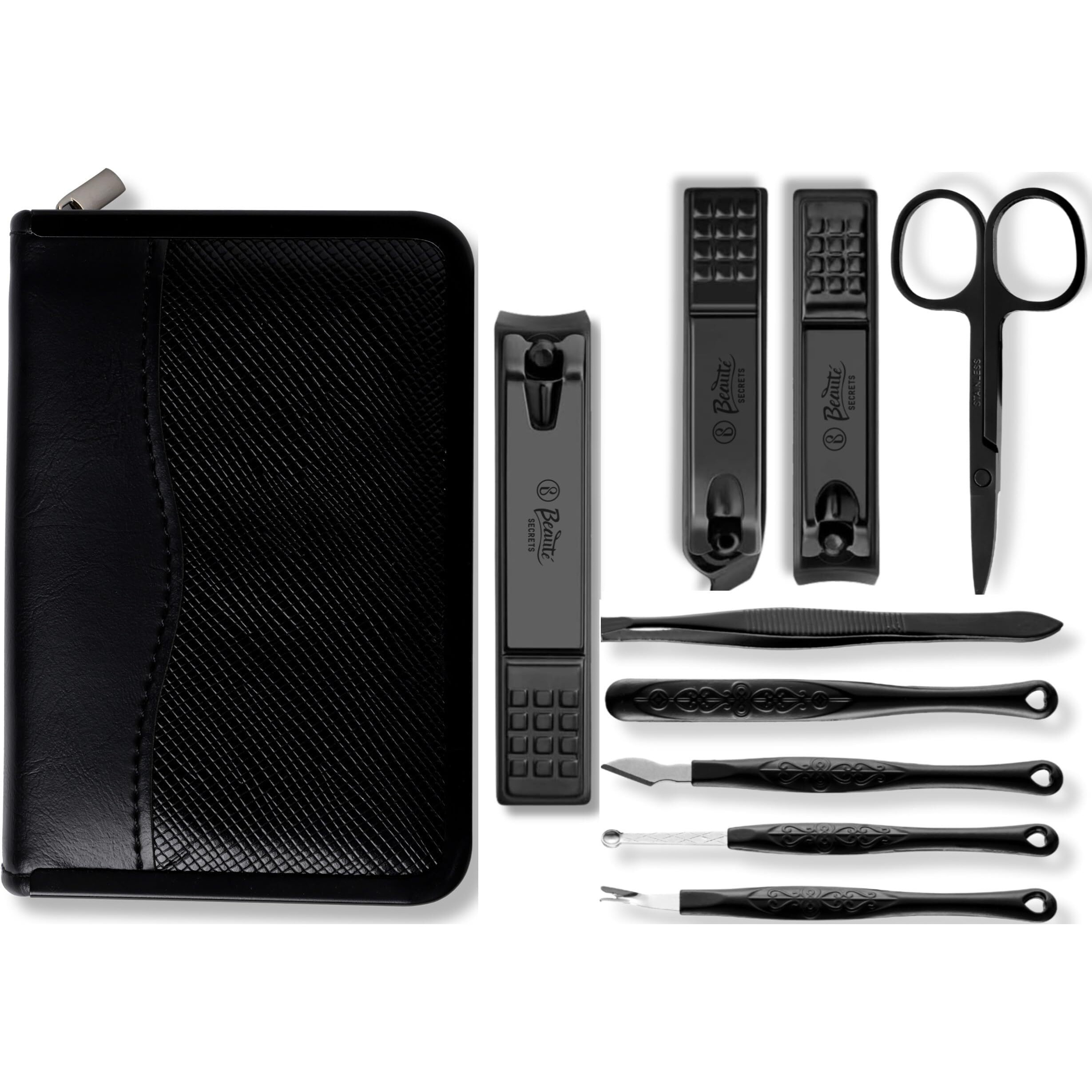 Beaut Secrets Luxury Manicure Set, Nail Clippers Set, Gifts For Men/Women, Professional Pedicure Kit Nail Scissors Grooming Kit Personal Care Tool Kit, Nail Tools With Black Leather Travel Case (9 In 1)