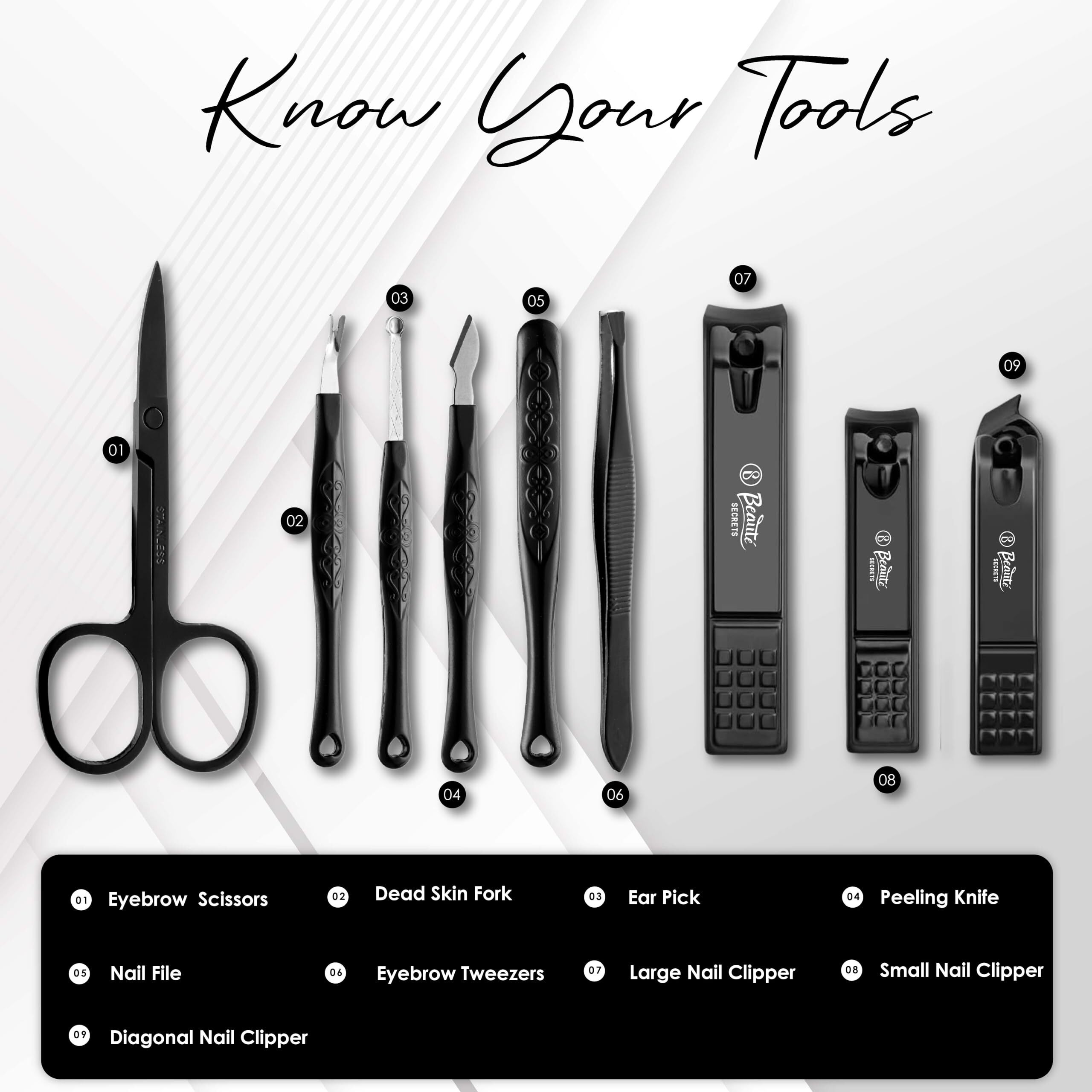 Beaut Secrets Luxury Manicure Set, Nail Clippers Set, Gifts For Men/Women, Professional Pedicure Kit Nail Scissors Grooming Kit Personal Care Tool Kit, Nail Tools With Black Leather Travel Case (9 In 1)