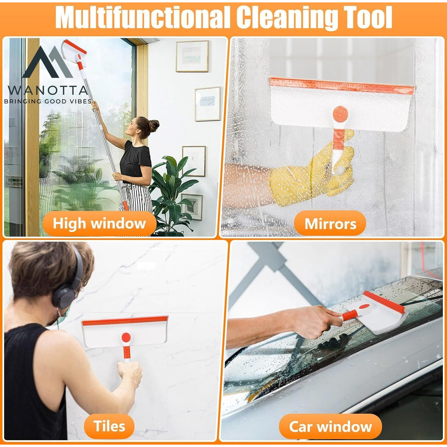 Wanotta Window & Glass Cleaner Wiper Cleaning Tools For Home, Car, Mirror & Mesh Windows-Steak Free, Effortless Cleaning For Sparkling Windows With Free Mini Gap Cleaning Brush And Adhesive Hook