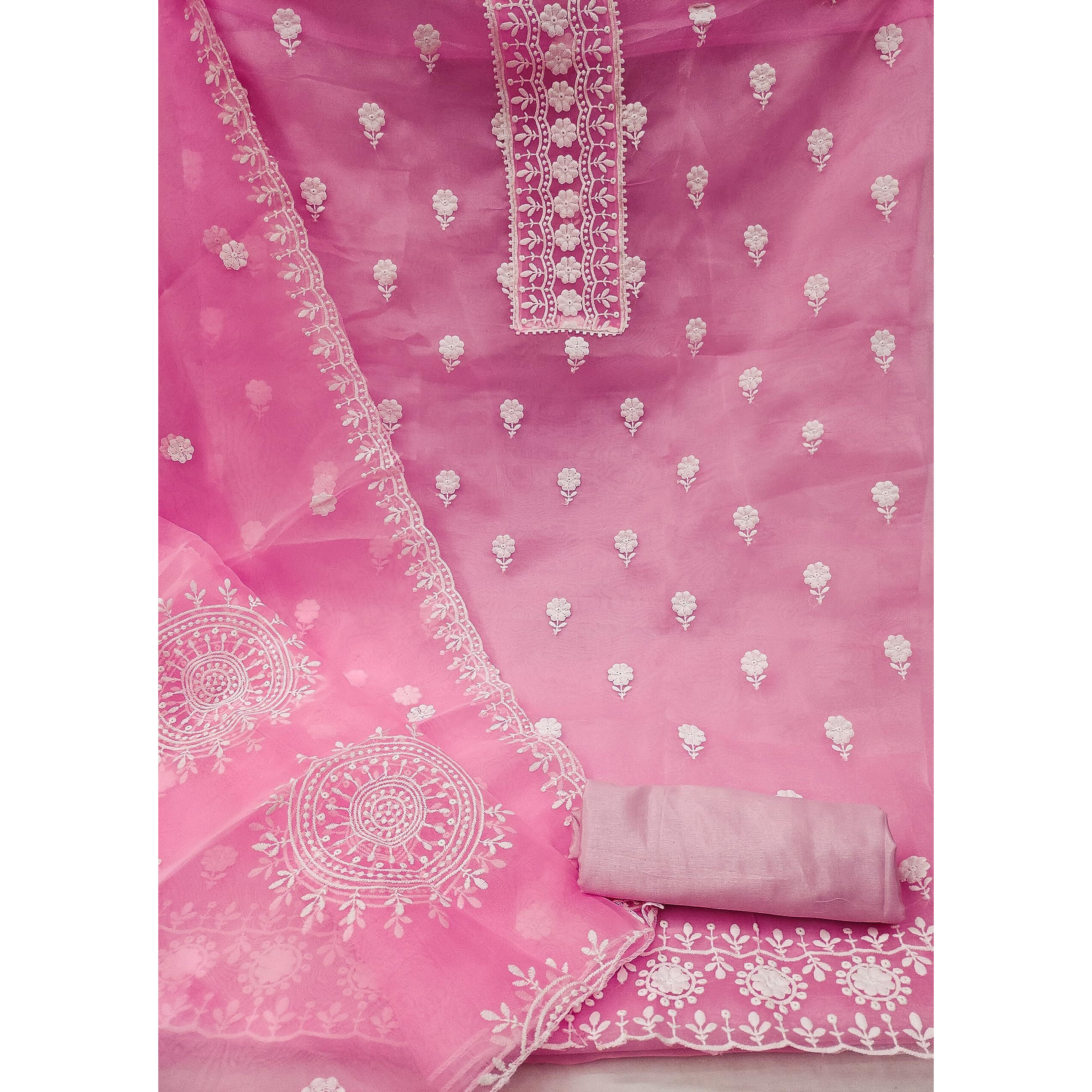 Ethnicjunction Women's Organza Embroidered Work Unstitched Salwar Suit Material With Embroidered Work Organza Dupatta (Ej4086-Dhamal-Pink)