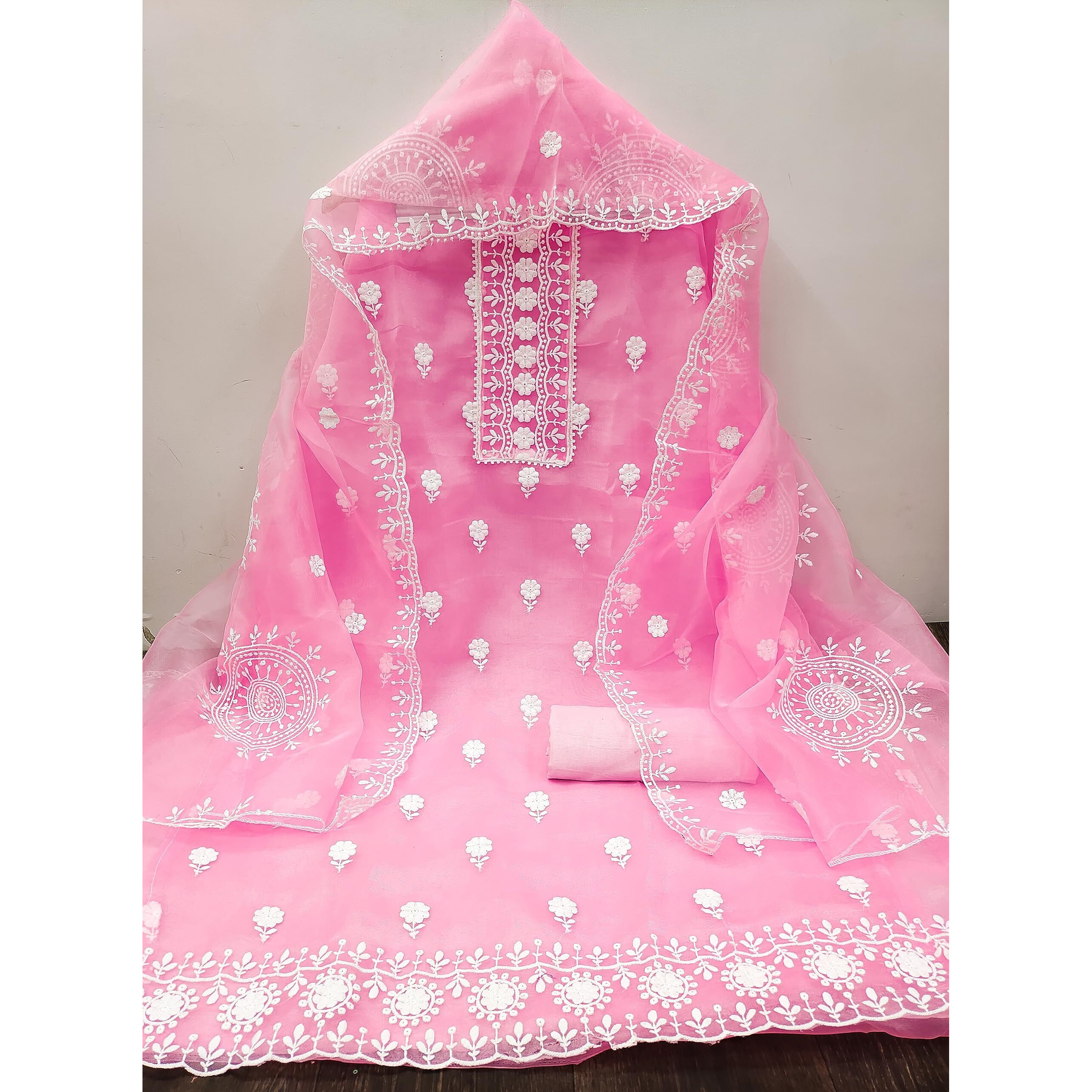 Ethnicjunction Women's Organza Embroidered Work Unstitched Salwar Suit Material With Embroidered Work Organza Dupatta (Ej4086-Dhamal-Pink)