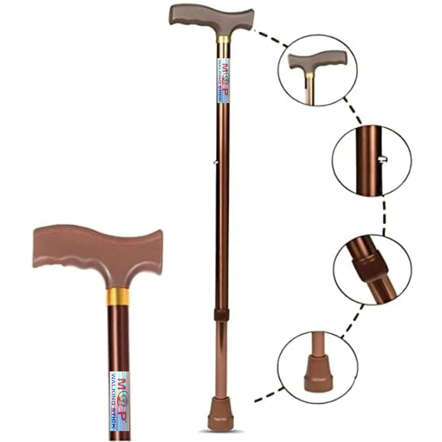 Mcp Jindal Premium Height Adjustable Walking Stick Aluminium Cane Hand Stick Trekking Support Stick For Men, Women & Old People (Brown)