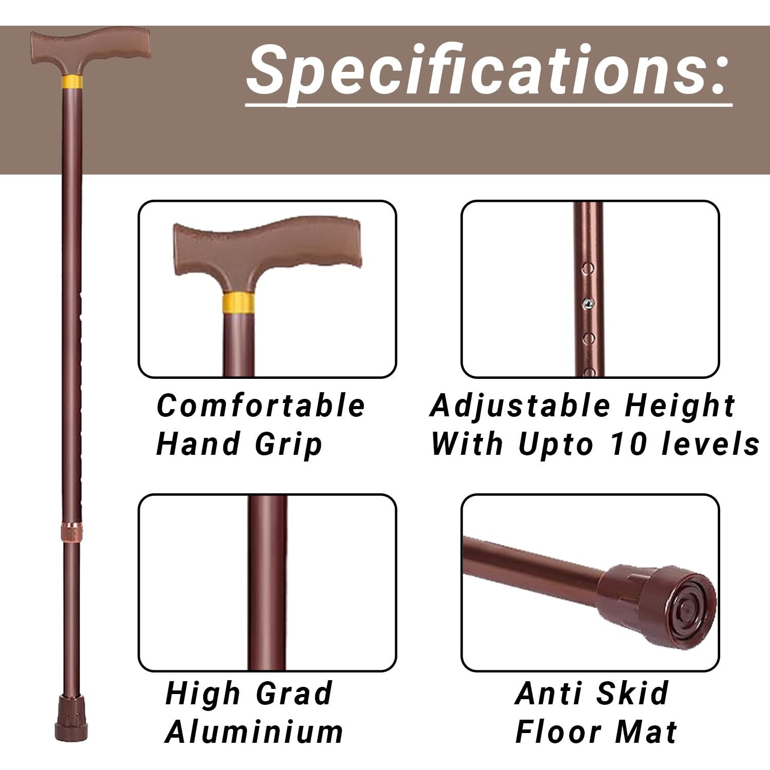 Mcp Jindal Premium Height Adjustable Walking Stick Aluminium Cane Hand Stick Trekking Support Stick For Men, Women & Old People (Brown)