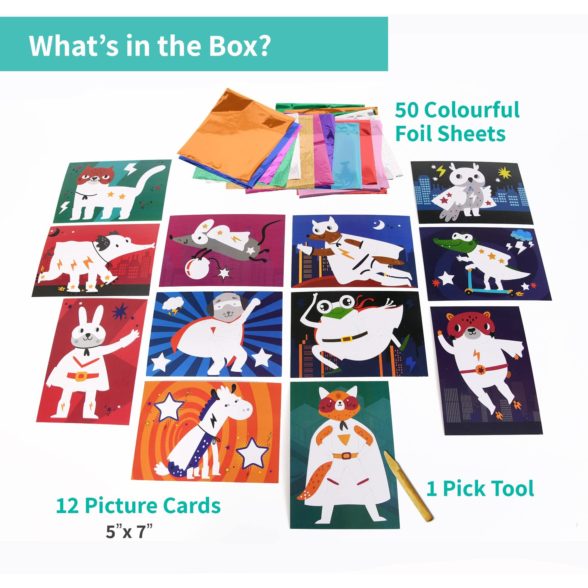 Chalk And Chuckles Paper Art And Craft Kit Fabulous Foil Art Gift For Boys Girls Age 4-9 Year Old Create 12 Superhero Animals Theme Pictures Creative Toys For Kids, Multicolor