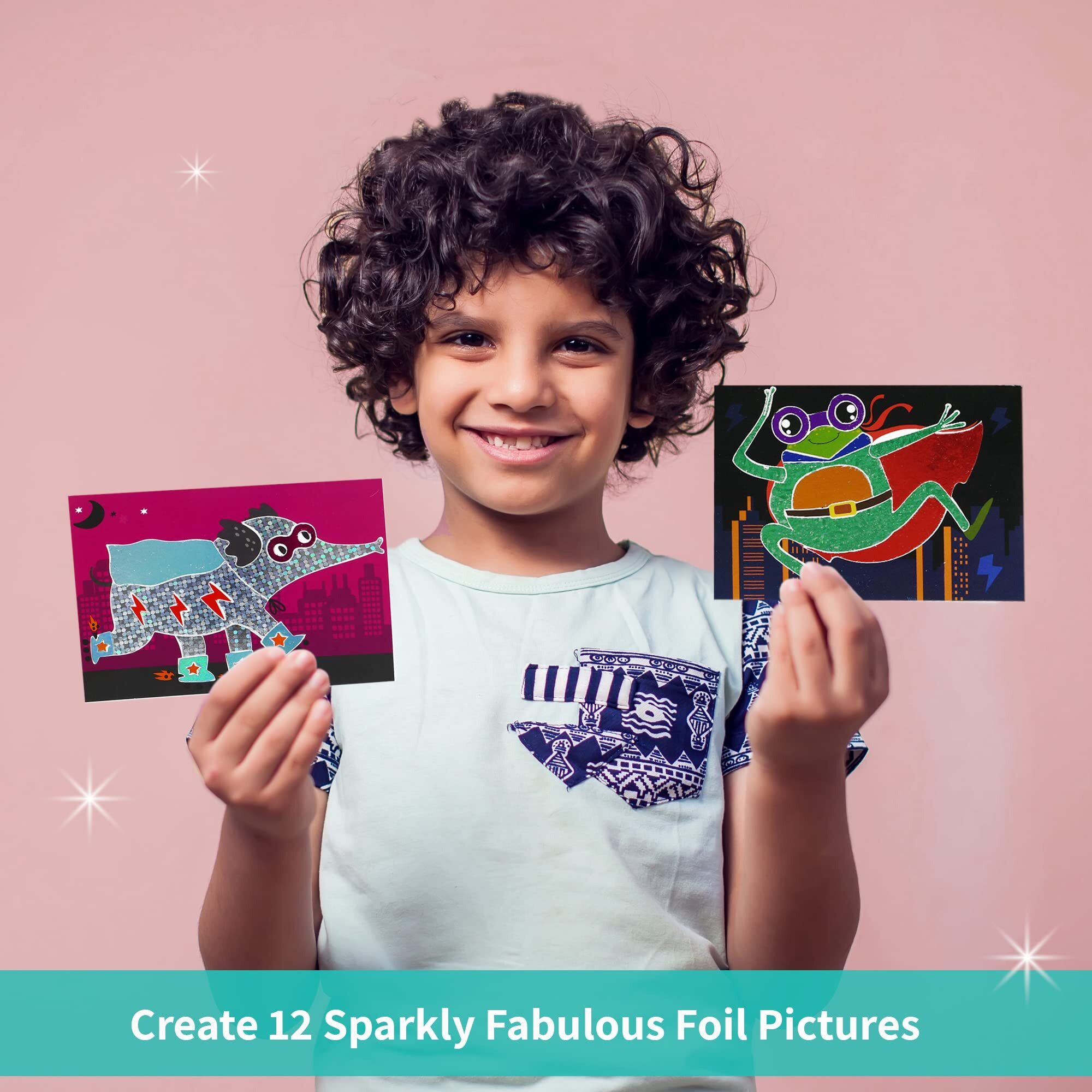 Chalk And Chuckles Paper Art And Craft Kit Fabulous Foil Art Gift For Boys Girls Age 4-9 Year Old Create 12 Superhero Animals Theme Pictures Creative Toys For Kids, Multicolor