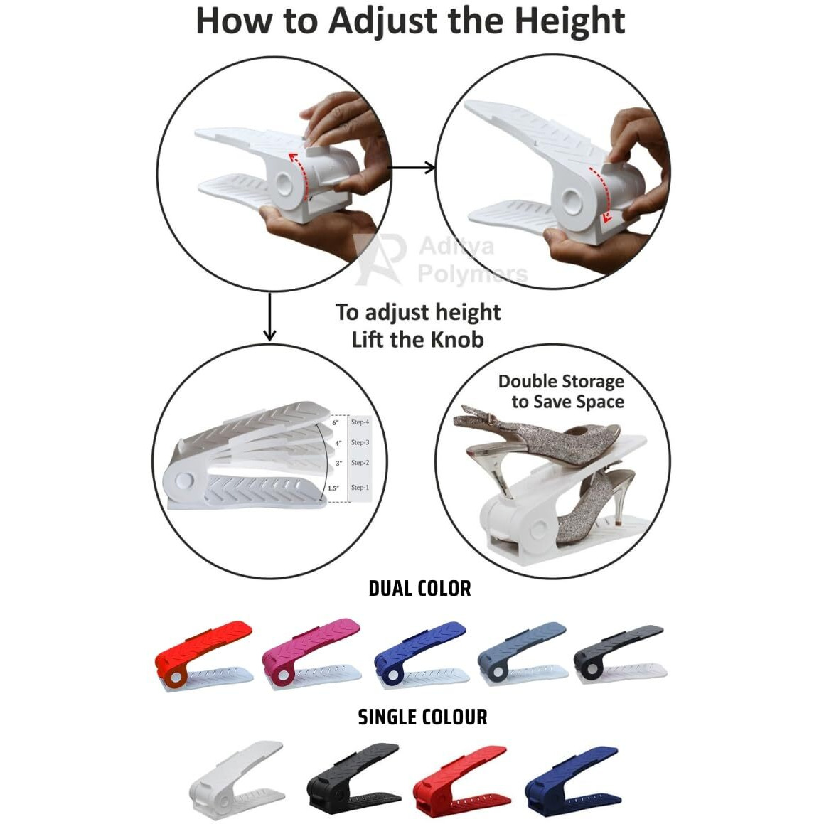 Aditya Polymers Pack Of 6 Pcs. - Adjustable Shoe Organizers/Organiser/Shoe Shelf/Rack/Slots/Holders/Space Saver/Double Deck/Layer/Storage Cum Organizer - Black & White Combo, Plastic, Cm