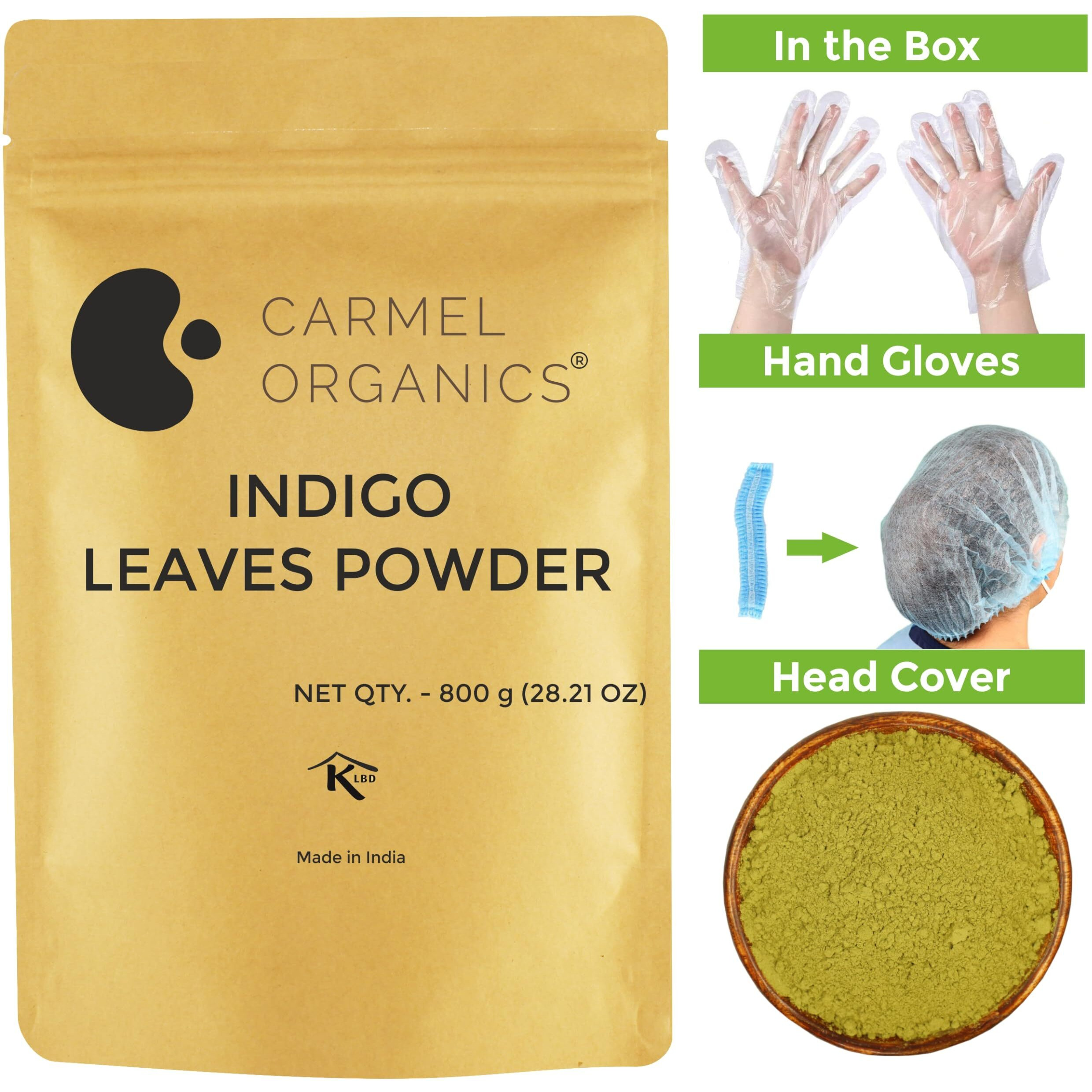 Carmel Organics Indigo Leaves Powder (800 Grams)  Natural Hair Colorant For Black/Brown Hair, Includes Gloves & Hair Cap, No Added Colors Or Preservatives, Avuri Akulu, Indigofera