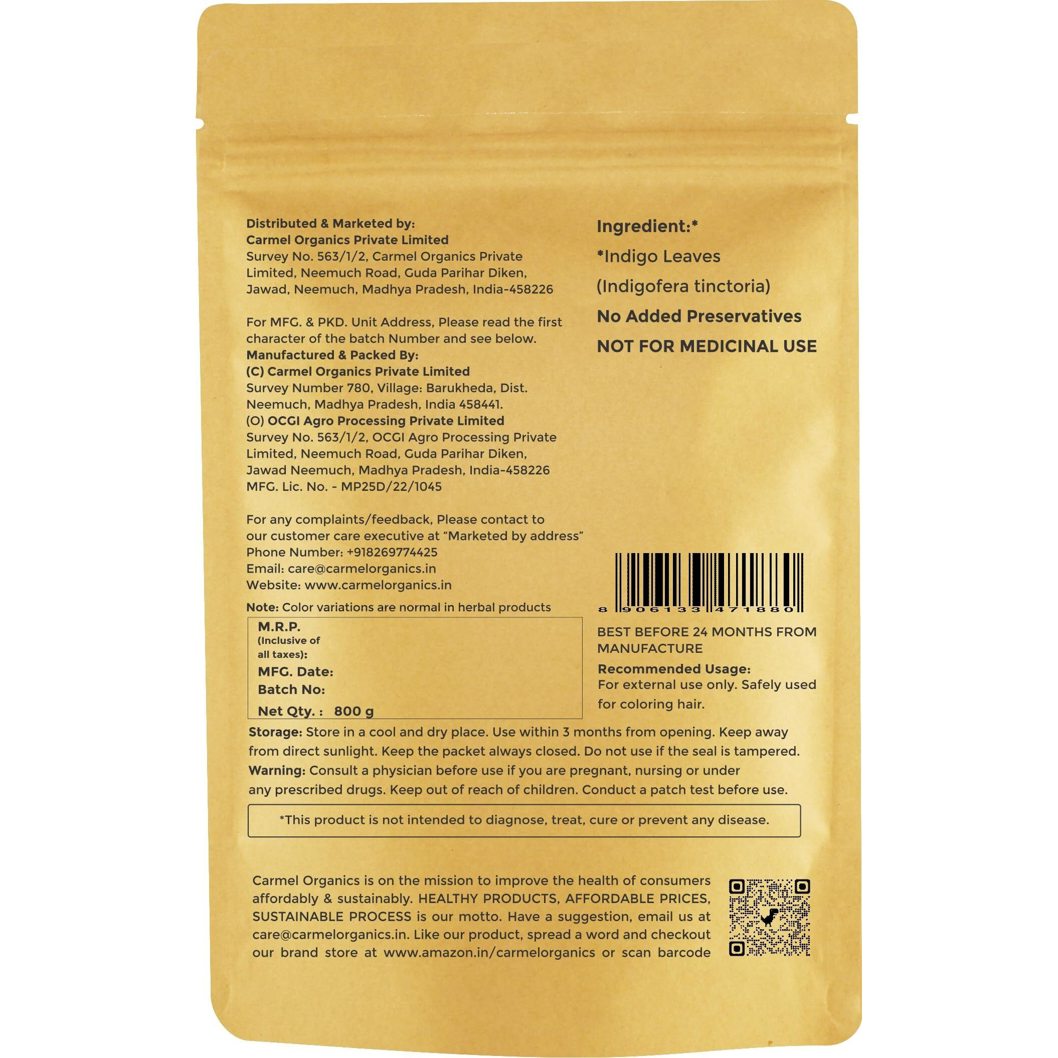 Carmel Organics Indigo Leaves Powder (800 Grams)  Natural Hair Colorant For Black/Brown Hair, Includes Gloves & Hair Cap, No Added Colors Or Preservatives, Avuri Akulu, Indigofera