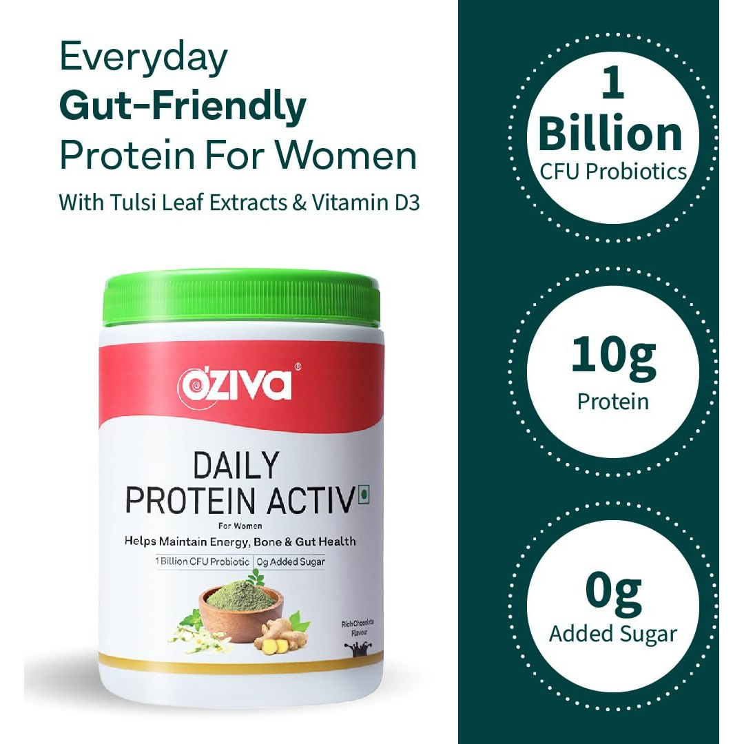 Oziva Daily Protein Activ For Women | Best Protein Powder For Women With 120G Protein, Probiotics, Shatavari For Increased Energy Levels, Bone Health And Hormonal Balance 300G (Chocolate, Pack 1)