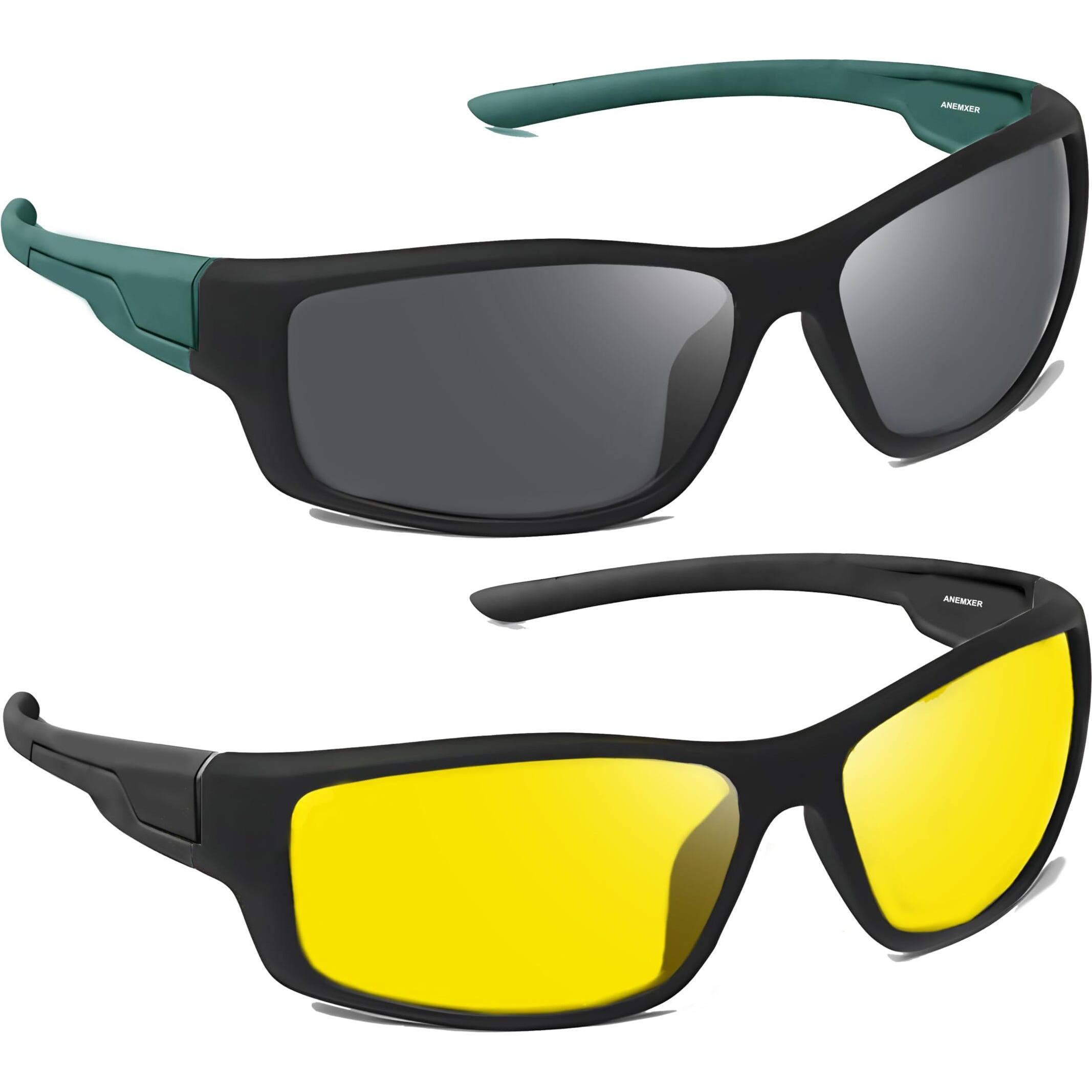 Anemxer Combo Of Night Driving Hd Vision Sunglasses With Diamond Cut Design & Black Daytime Uv400Nm Non-Polarized Sunglass For Men Women Anti Glare For Night Bike Riding Car(Yellow Lens+ Black Lens)