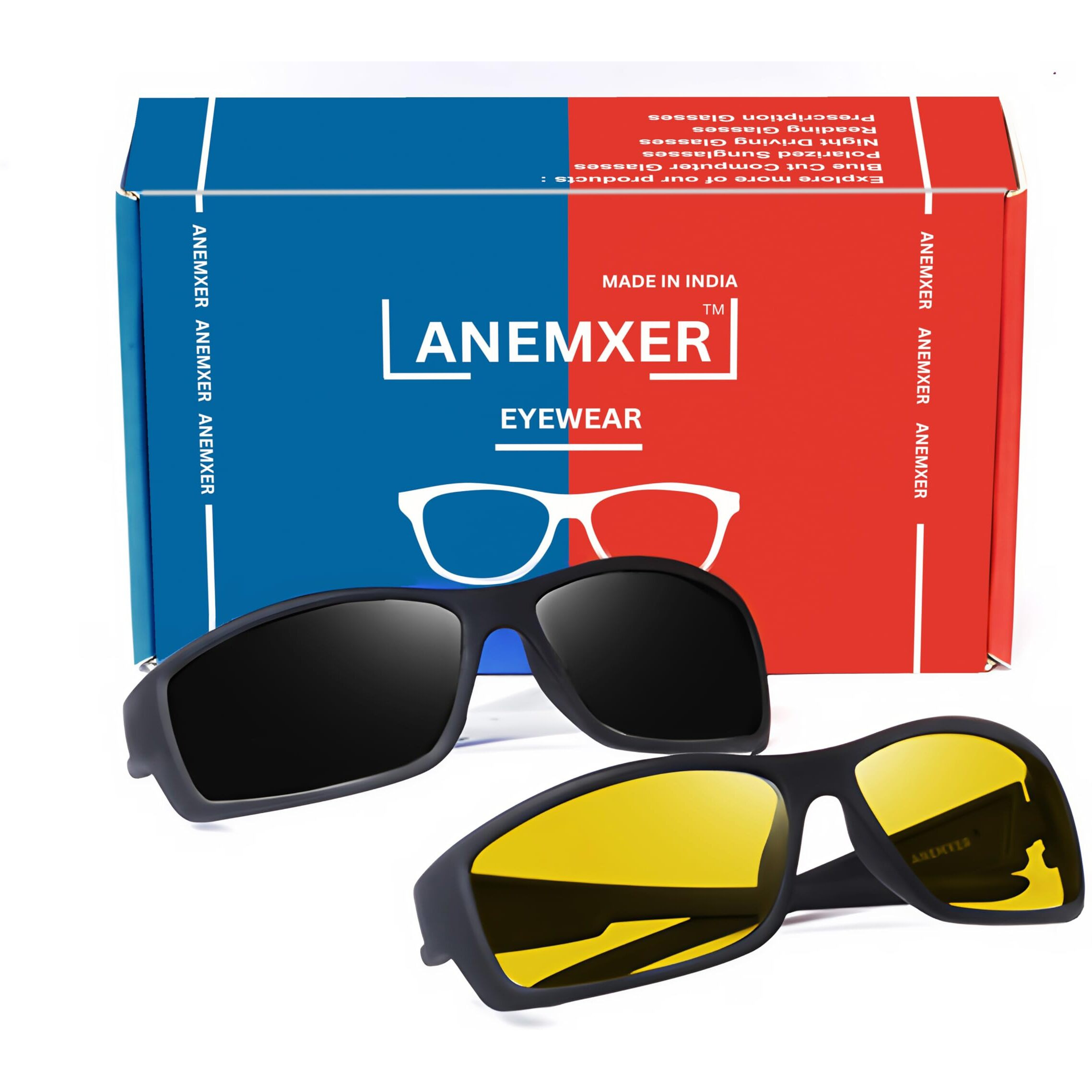 Anemxer Combo Of Night Driving Hd Vision Sunglasses With Diamond Cut Design & Black Daytime Uv400Nm Non-Polarized Sunglass For Men Women Anti Glare For Night Bike Riding Car(Yellow Lens+ Black Lens)