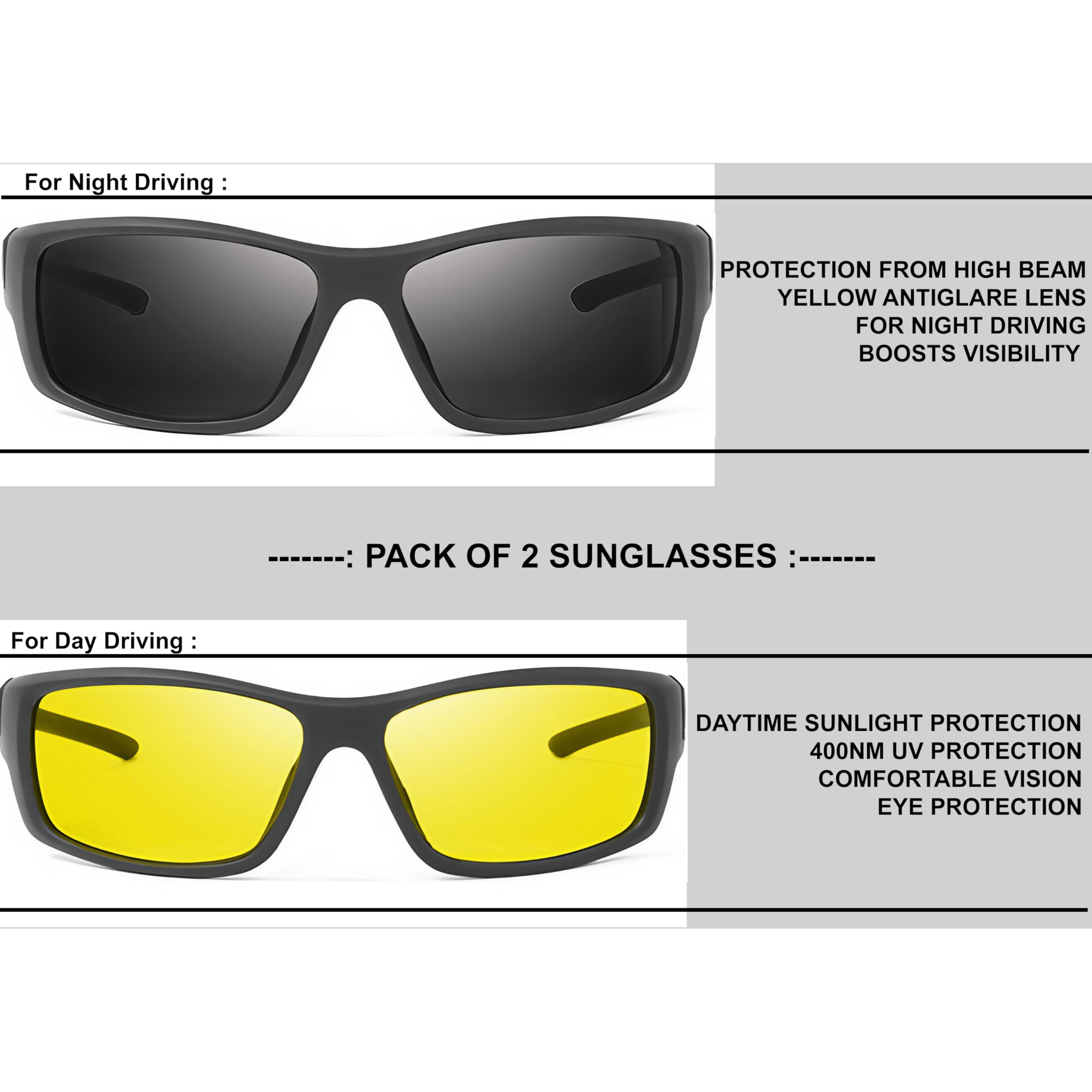 Anemxer Combo Of Night Driving Hd Vision Sunglasses With Diamond Cut Design & Black Daytime Uv400Nm Non-Polarized Sunglass For Men Women Anti Glare For Night Bike Riding Car(Yellow Lens+ Black Lens)