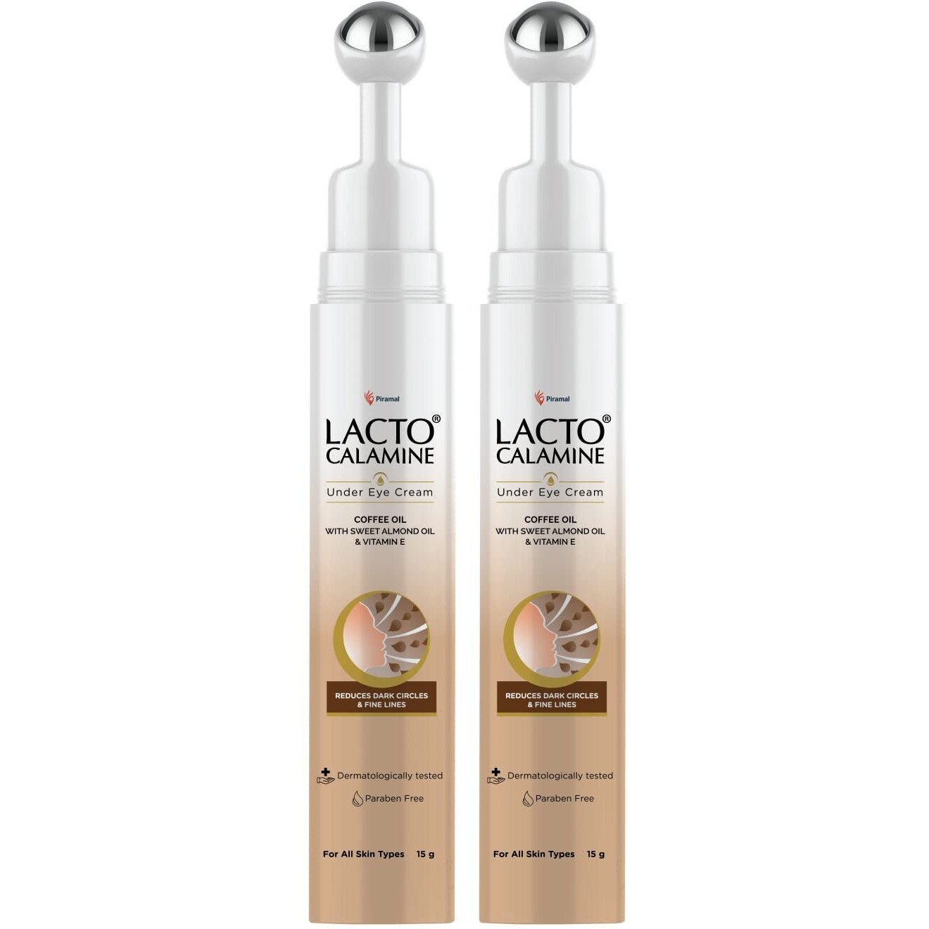 Lacto Calamine Under Eye Cream For Dark Circles For Women & Men | Fine Lines & Puffy Eyes With Cooling Massage Roller |15G Each - Pack Of 2 | With Coffee Oil, Multi-Peptides, Niacinamide & Vitamin E