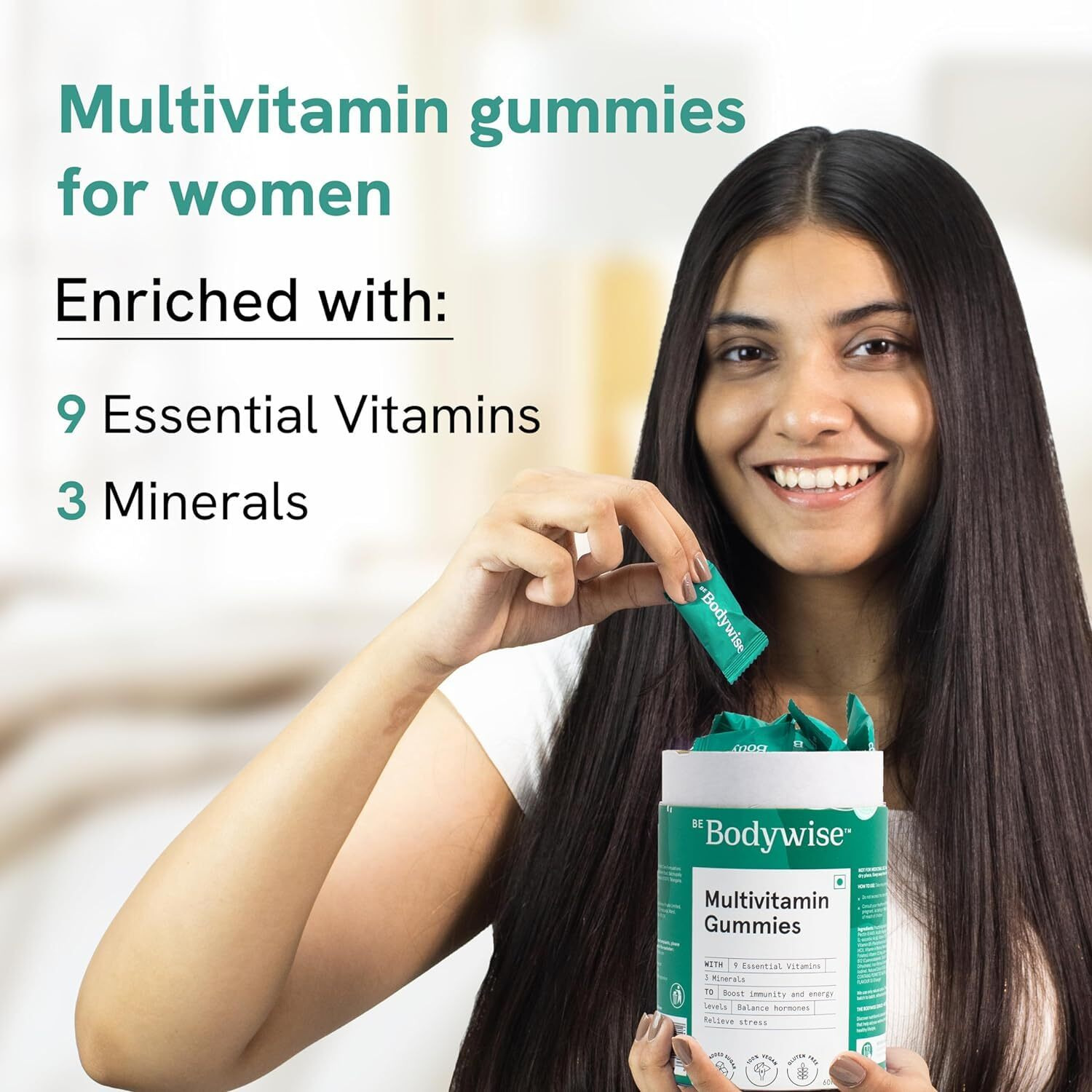 Be Bodywise Multivitamin Gummies|With Fibre, Zinc, Iron & Biotin|Vitamin D3, B6, E & A|Boosts Energy & Stamina, Improves Immunity & Skin Health|Vegan, Gluten & Gelatin Free, 1 Count, 60 Servings