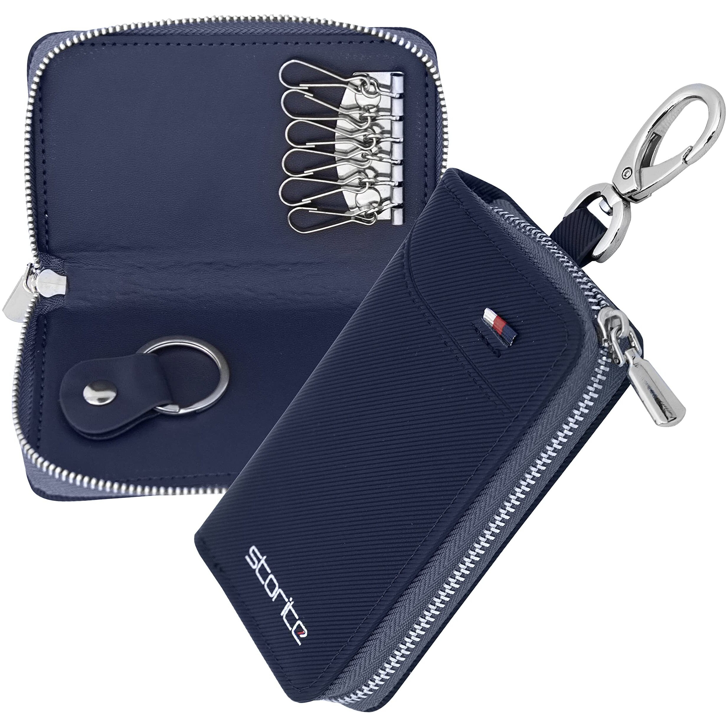 Storite Pu Leather Large Key Case Pouch Wallet Key Chain Key Holder Ring With 6 Key Hooks,1 Ic Key Ring, Metal Buckle With Zipper Closure (7.5X2X12 Cm - Blue)