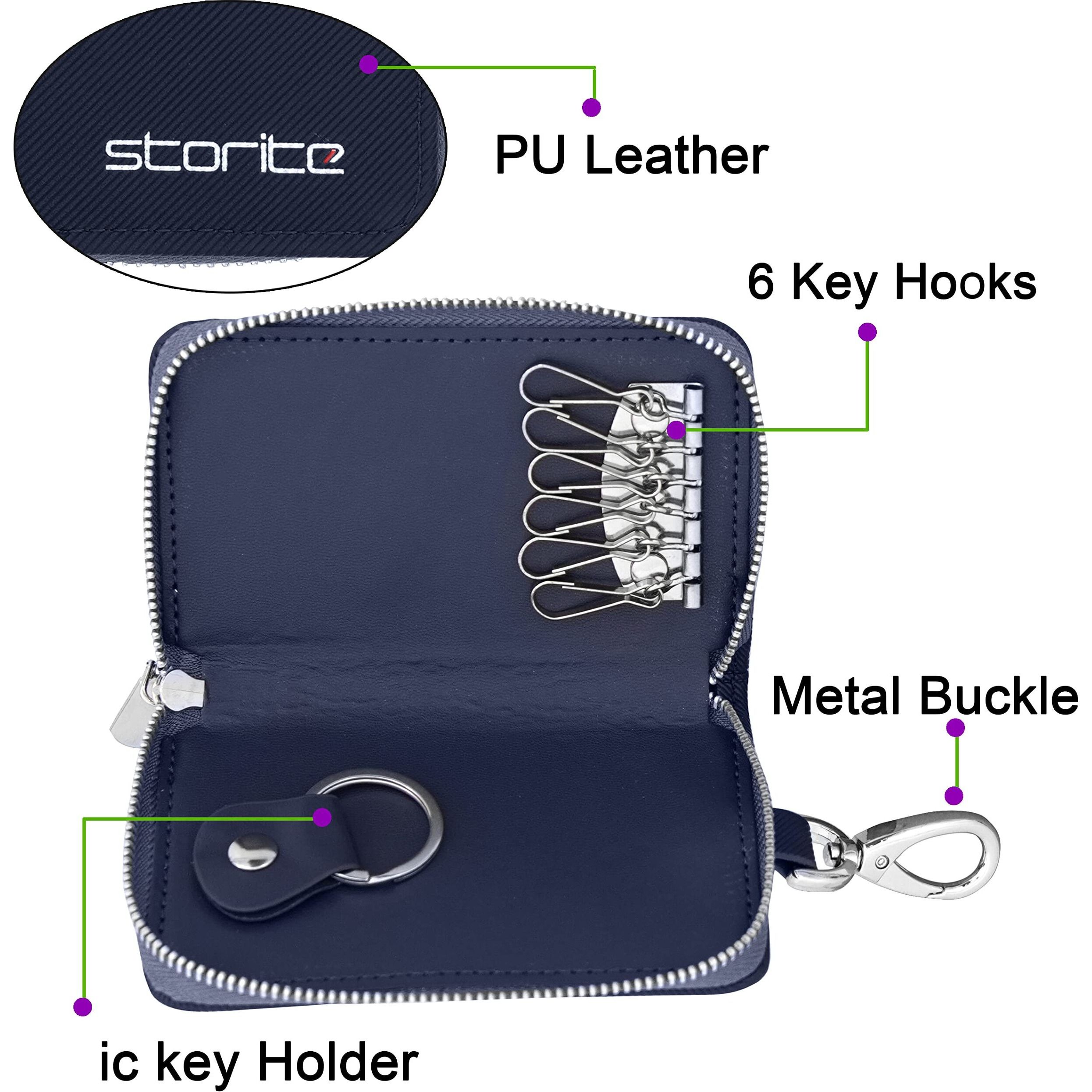 Storite Pu Leather Large Key Case Pouch Wallet Key Chain Key Holder Ring With 6 Key Hooks,1 Ic Key Ring, Metal Buckle With Zipper Closure (7.5X2X12 Cm - Blue)