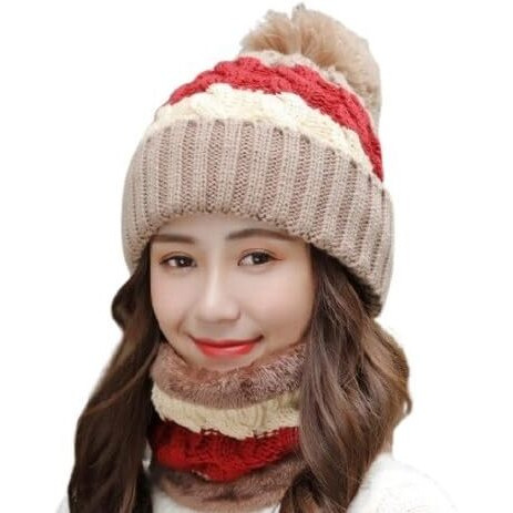 Alexvyan Twist Color Winter Very Soft Warm 1 Set Snow Proof Knitted Ball Cap (Inside Fur) Woolen Beanie Cap + Neck Muffler Scarf Set For Ladies Women Girl (Brown)