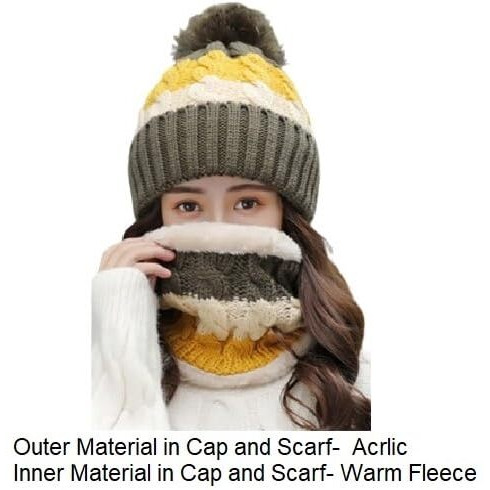 Alexvyan Twist Color Winter Very Soft Warm 1 Set Snow Proof Knitted Ball Cap (Inside Fur) Woolen Beanie Cap + Neck Muffler Scarf Set For Ladies Women Girl (Green)
