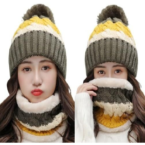 Alexvyan Twist Color Winter Very Soft Warm 1 Set Snow Proof Knitted Ball Cap (Inside Fur) Woolen Beanie Cap + Neck Muffler Scarf Set For Ladies Women Girl (Green)