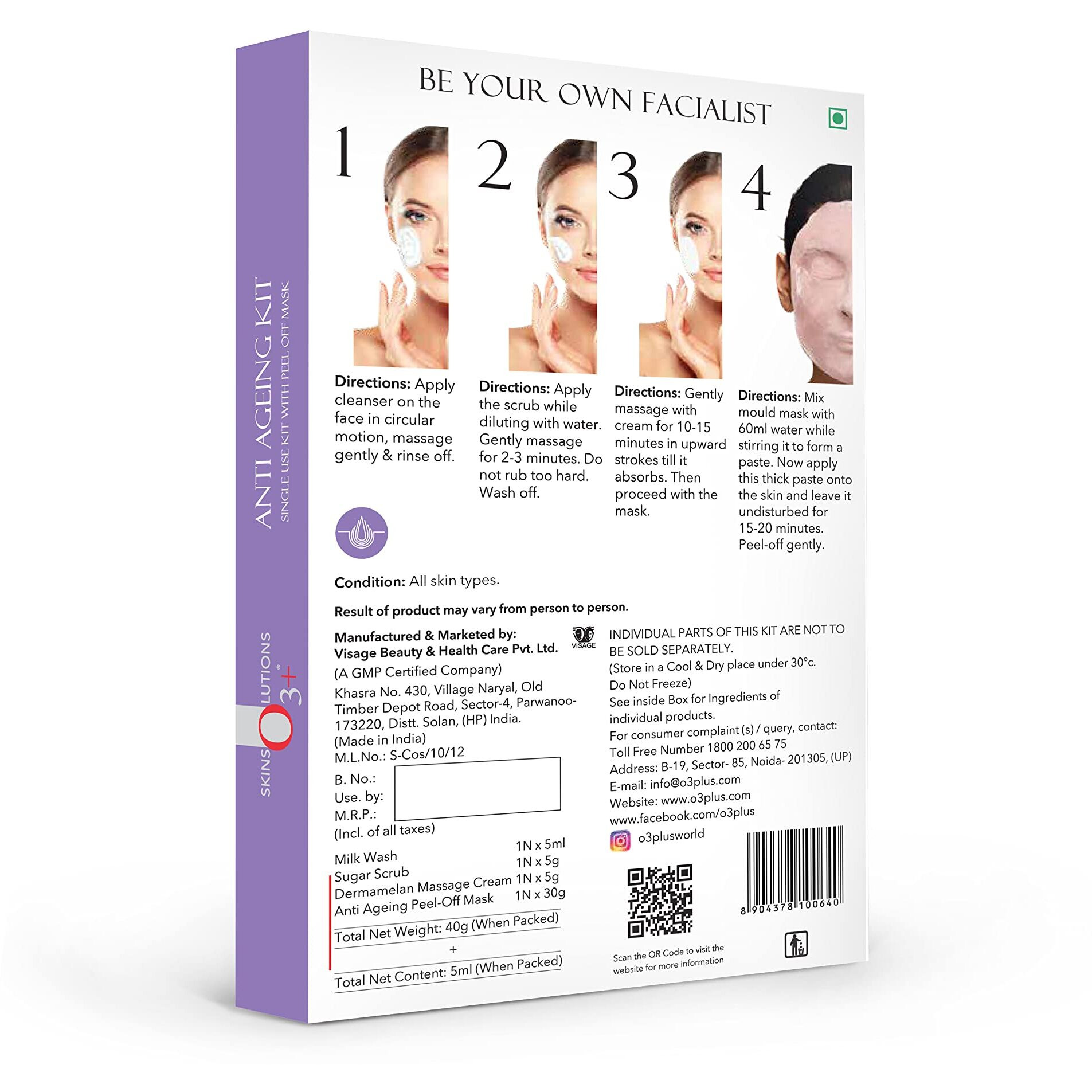 O3+ Anti Ageing Facial Kit Brightening & Finelines Reducer With Peel Off Mask 40Gm+5Ml
