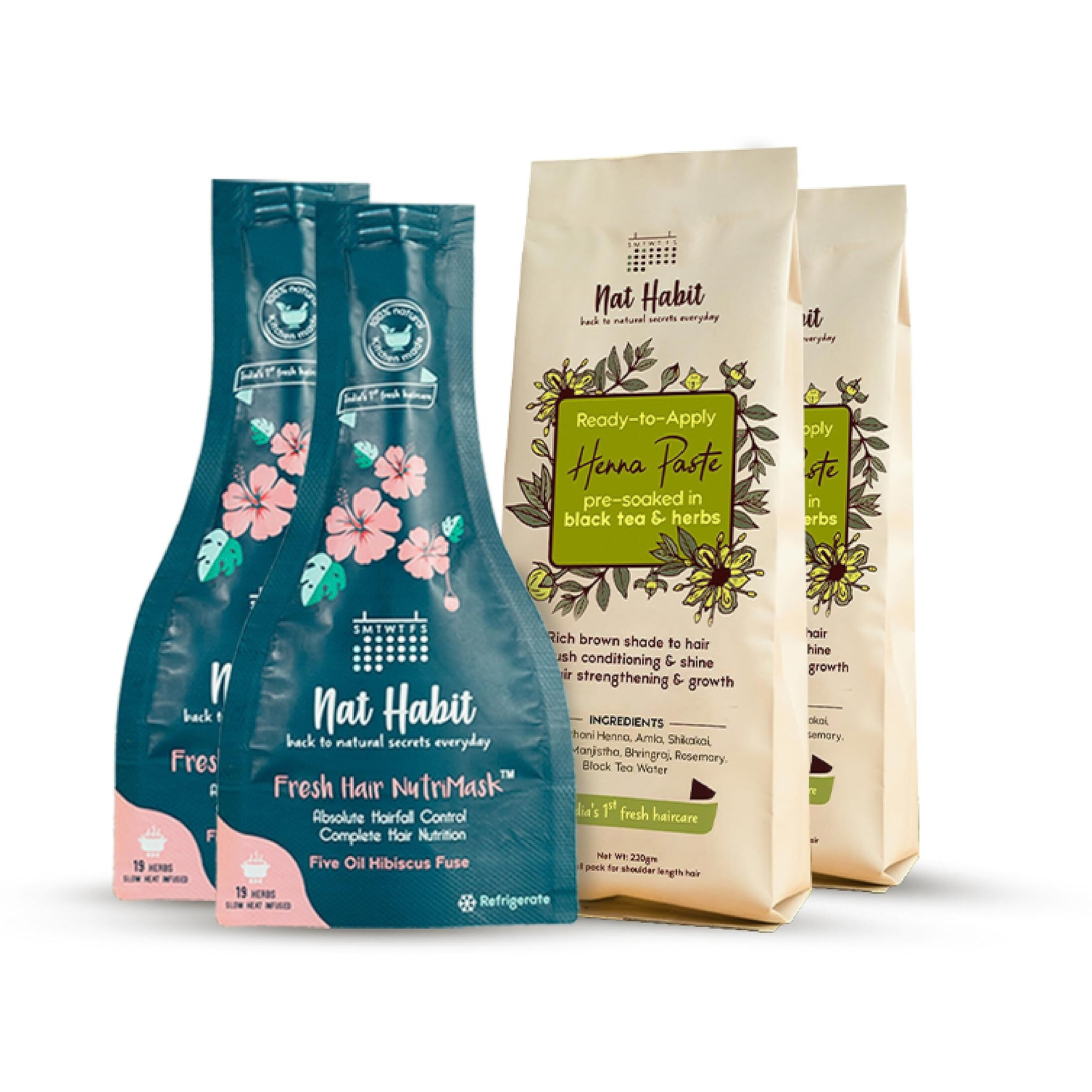 Nat Habit Fresh Ready-To-Apply Henna Paste & Five Oil Hibiscus Hair Nutrimask - The Ideal Combo For Deep Conditioning Hair With Rich Dark Brown Color (Combo Pack Of 4)
