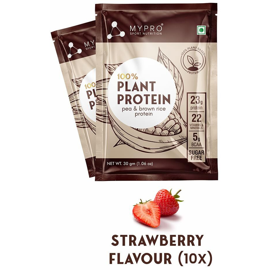 Mypro Sport Nutrition Plant Protein Powder Pea & Brown Rice Protein (23G Protein,22 Vitamins & Minerals,5G Bcaa) Plant Based Vegan Protein Men & Women (Strawberry, Travel Pack Of 10)