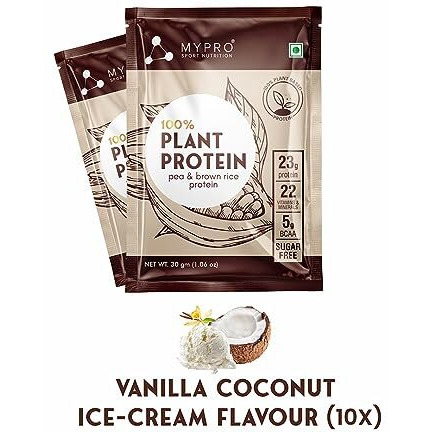 Mypro Sport Nutrition Plant Protein Powder Pea Protein Isolate & Brown Rice Vegan Protein Powder-Pack Of 10, Travel Pack 30 Gm Each- Vanilla Coconut Ice-Cream Flavour