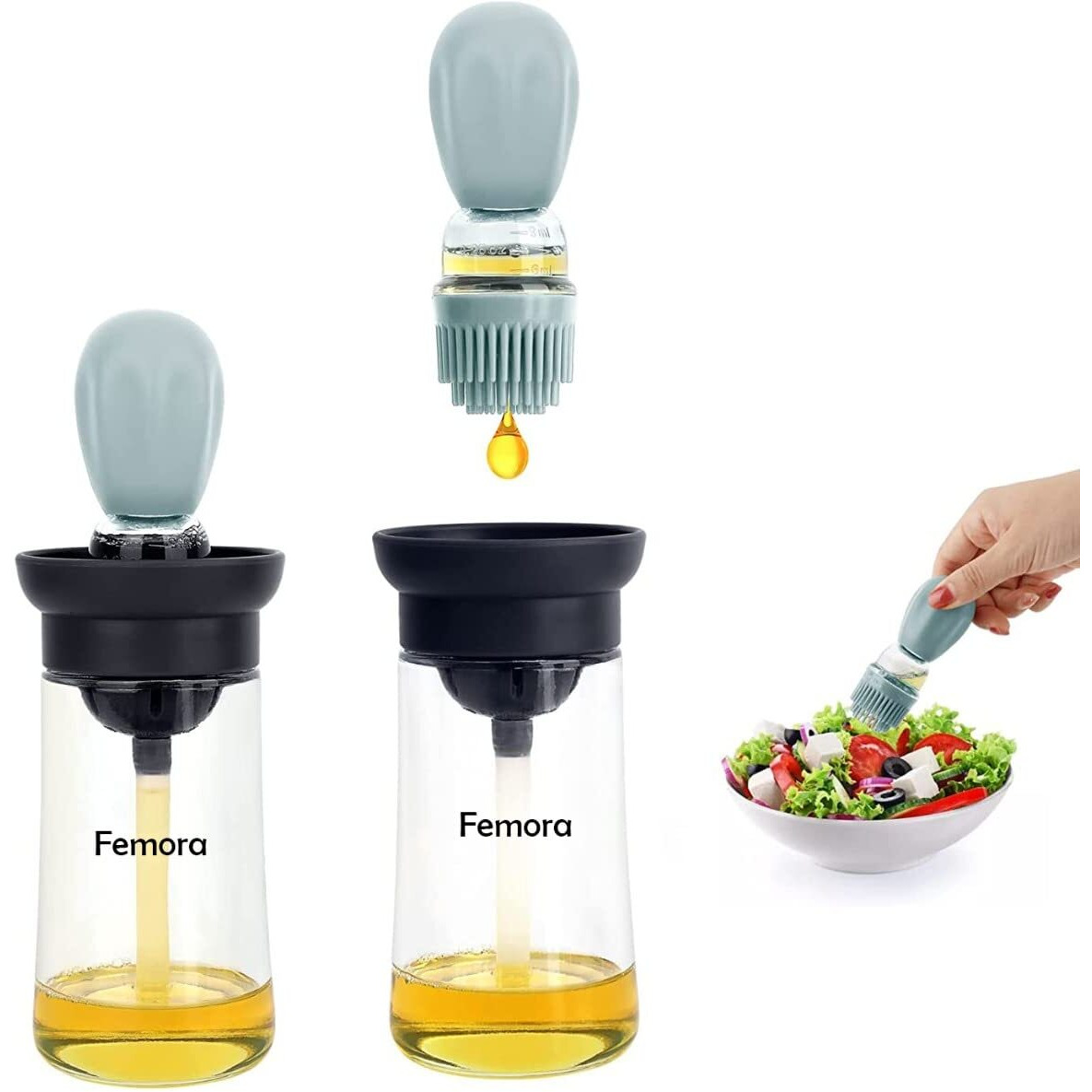 Femora Borosilicate Glass Silicone Detachable Pour & Brush Ghee Jar, Oil Jar, Oil Bottle, 200 Ml, Pack Of 1 - Grey