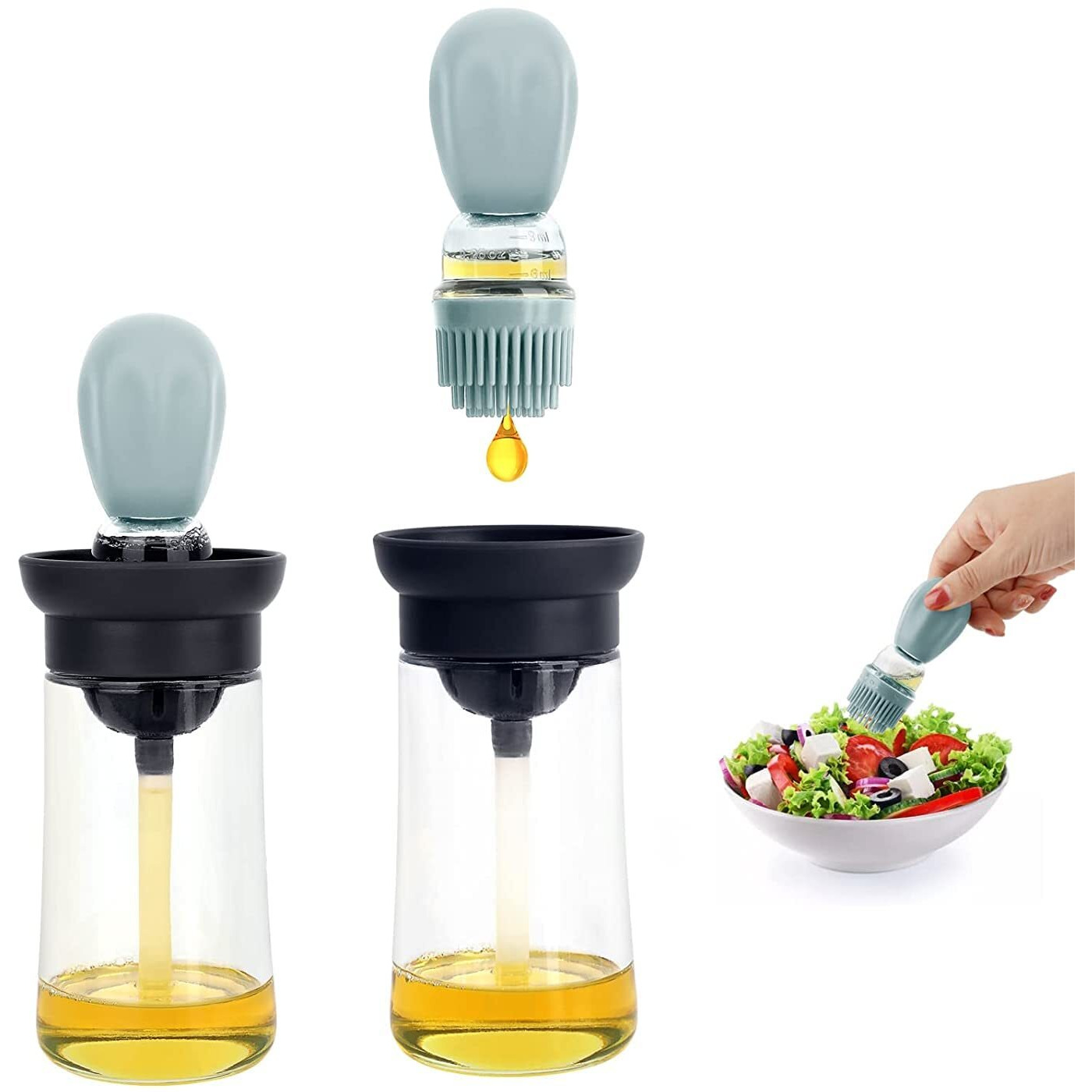 Femora Borosilicate Glass Silicone Detachable Pour & Brush Ghee Jar, Oil Jar, Oil Bottle, 200 Ml, Pack Of 1 - Grey