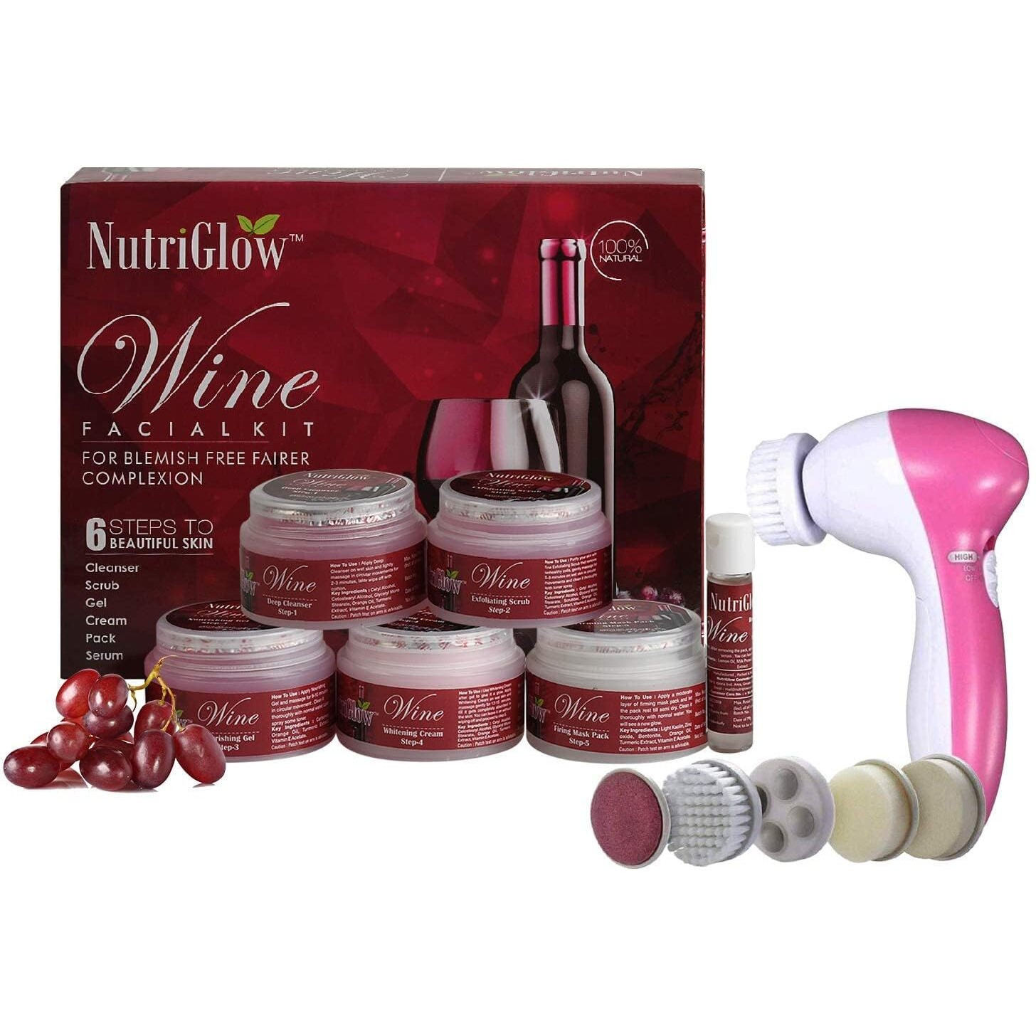 Nutriglow Instant Glow Beauty Wine Facial Kit With Goodness Of Red Grape Extracts, All Type Of Skin Solution For Men & Women 260 Gm With Free 5 In 1 Face Massager For Facial
